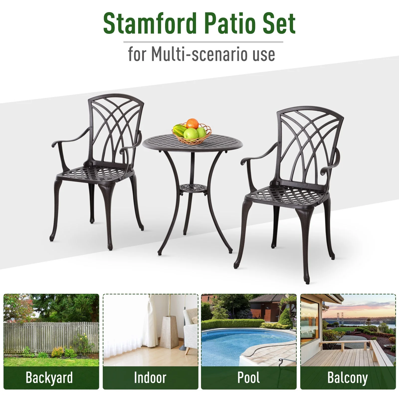 Patio Cast Aluminium 3-Piece Bistro Set Coffee Table & 2 Chairs Set Outdoor Garden Furniture Set - Image 7