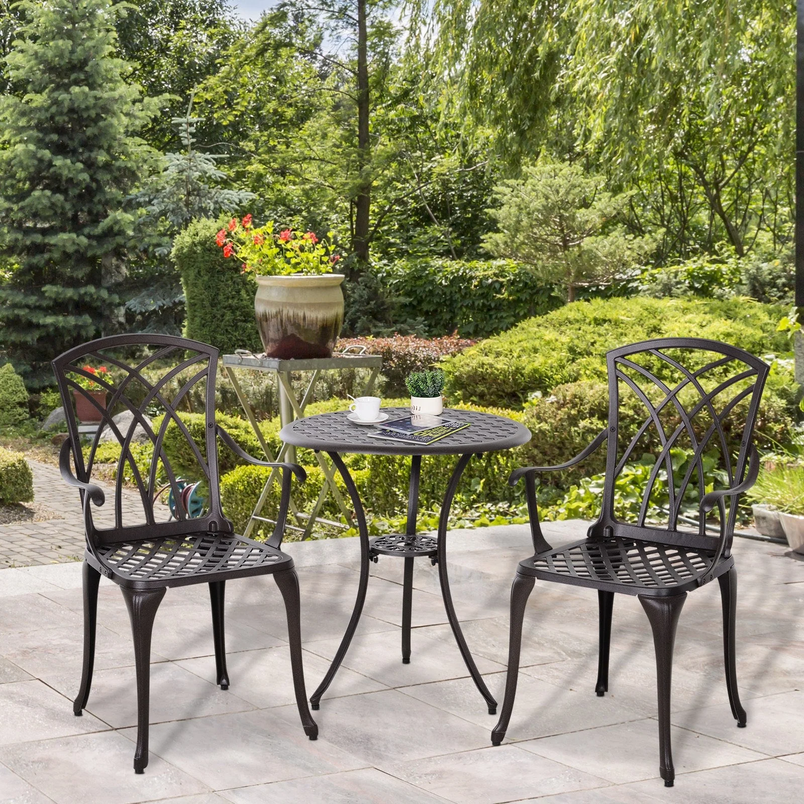 Patio Cast Aluminium 3-Piece Bistro Set Coffee Table & 2 Chairs Set Outdoor Garden Furniture Set - Image 9