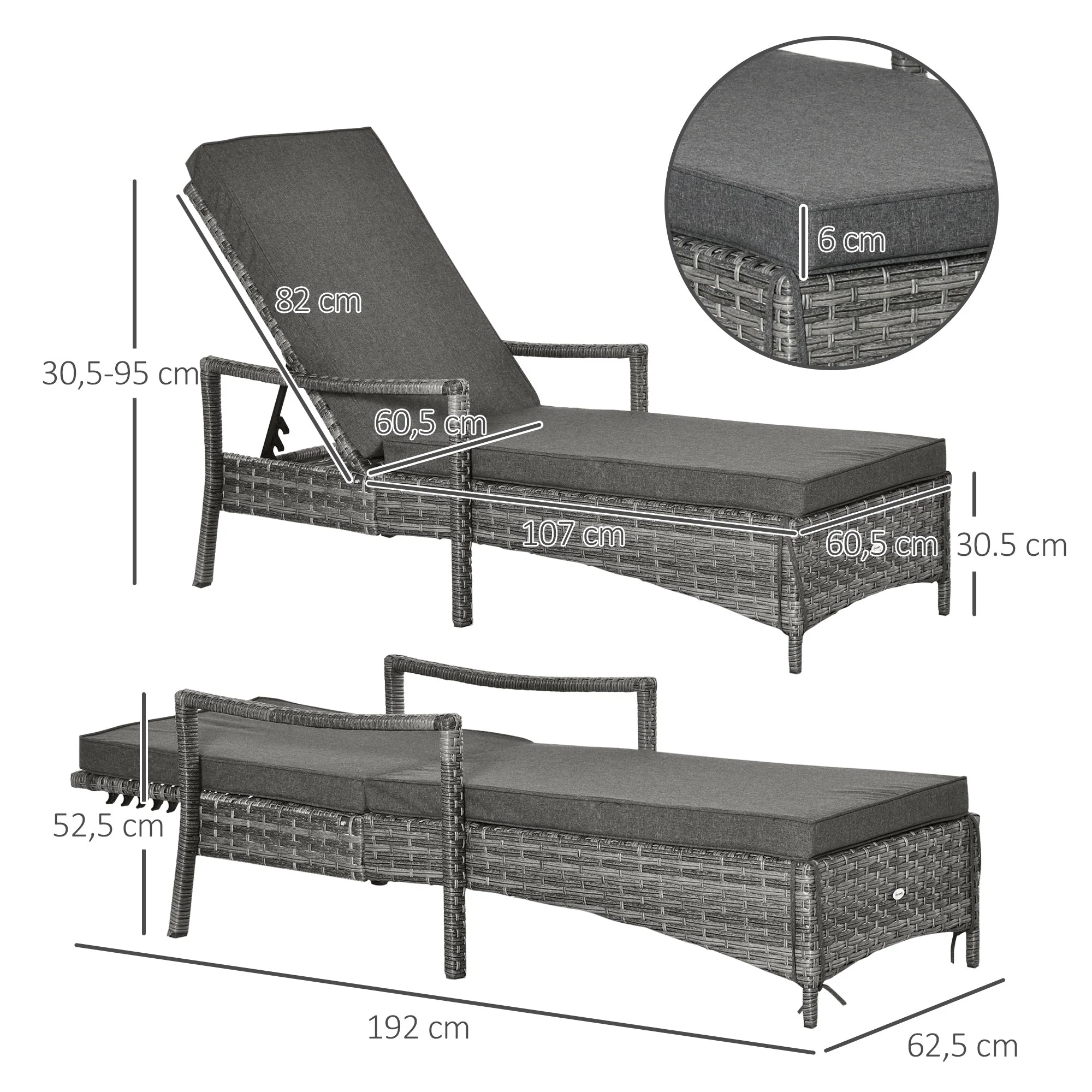 Patio Dual Rattan Wicker Single Sun Lounger w/ 4-Level Adjustable Headrest - Image 3