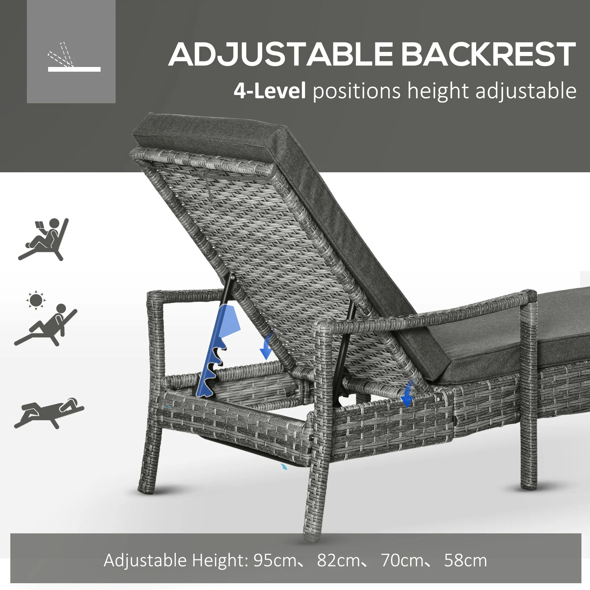Patio Dual Rattan Wicker Single Sun Lounger w/ 4-Level Adjustable Headrest - Image 4