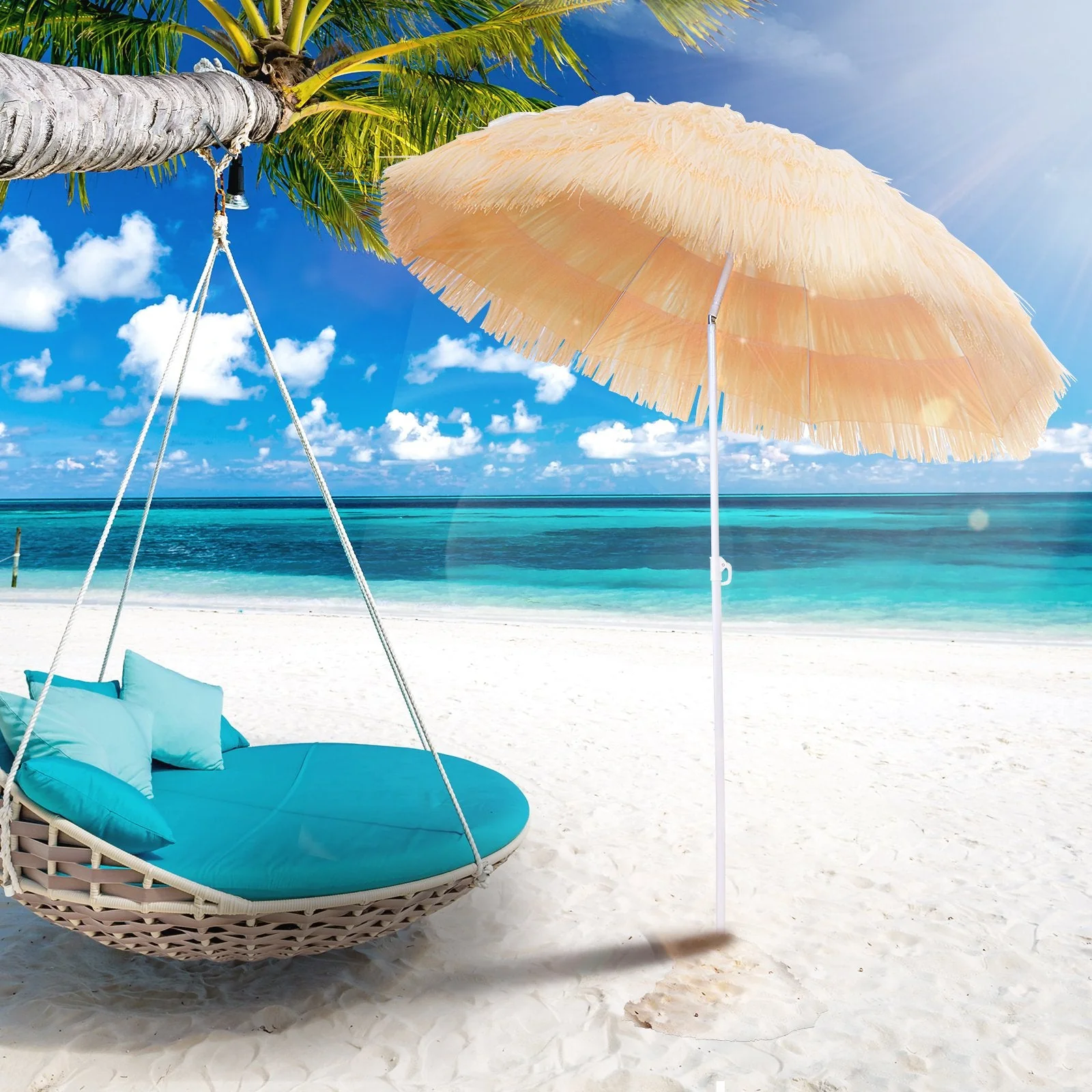 Patio Garden Hawaii Beach Sun Umbrella Sunshade Hawaiian Folding Tilting Crank Parasol Wheat - Image 2