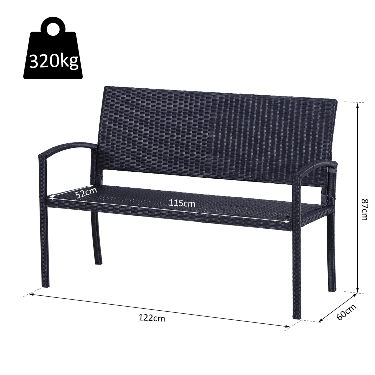 Patio Rattan 2 Seater Garden Bench Wicker Weave Love Seater Armchair Furniture Outdoor Garden Conservatory Chair Black - Image 2