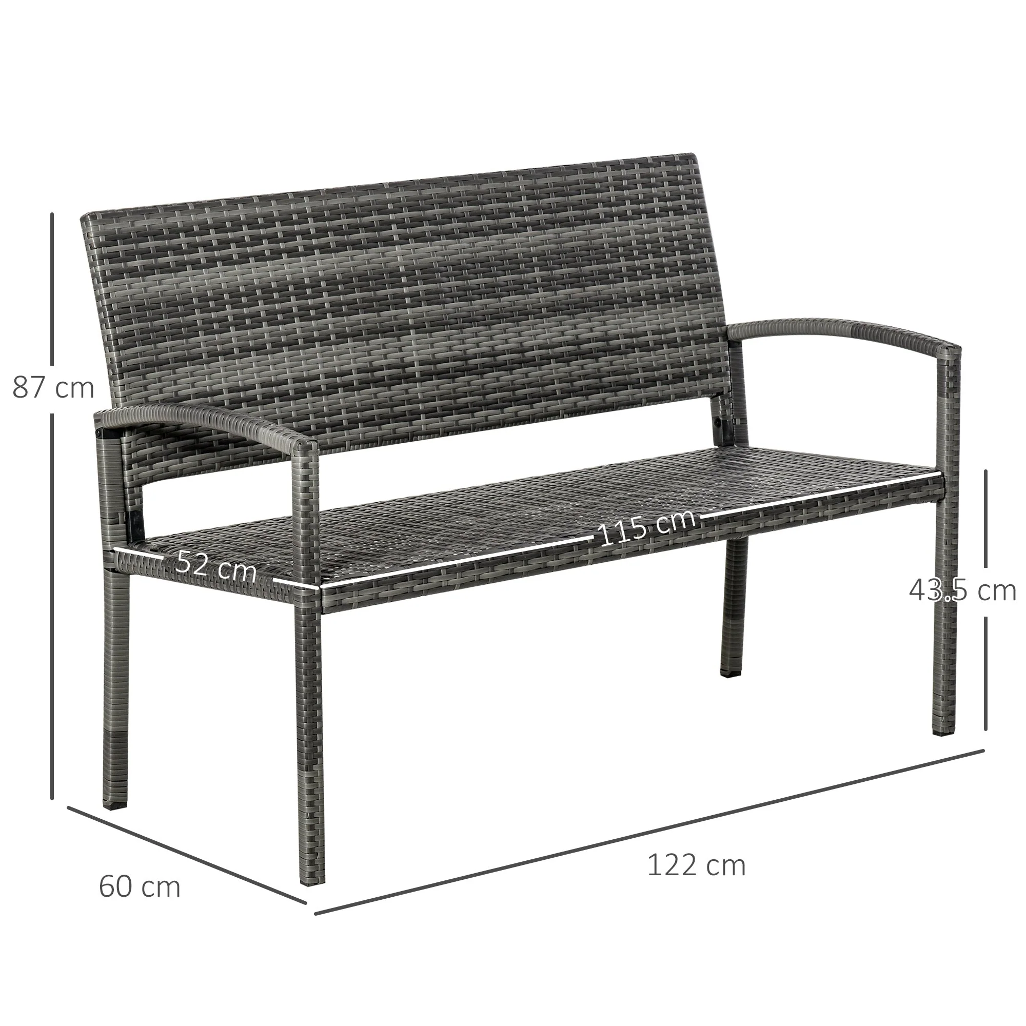 Patio Rattan 2 Seater Garden Bench Wicker Weave Love Seater Armchair Furniture Outdoor Garden Conservatory Chair Grey - Image 2
