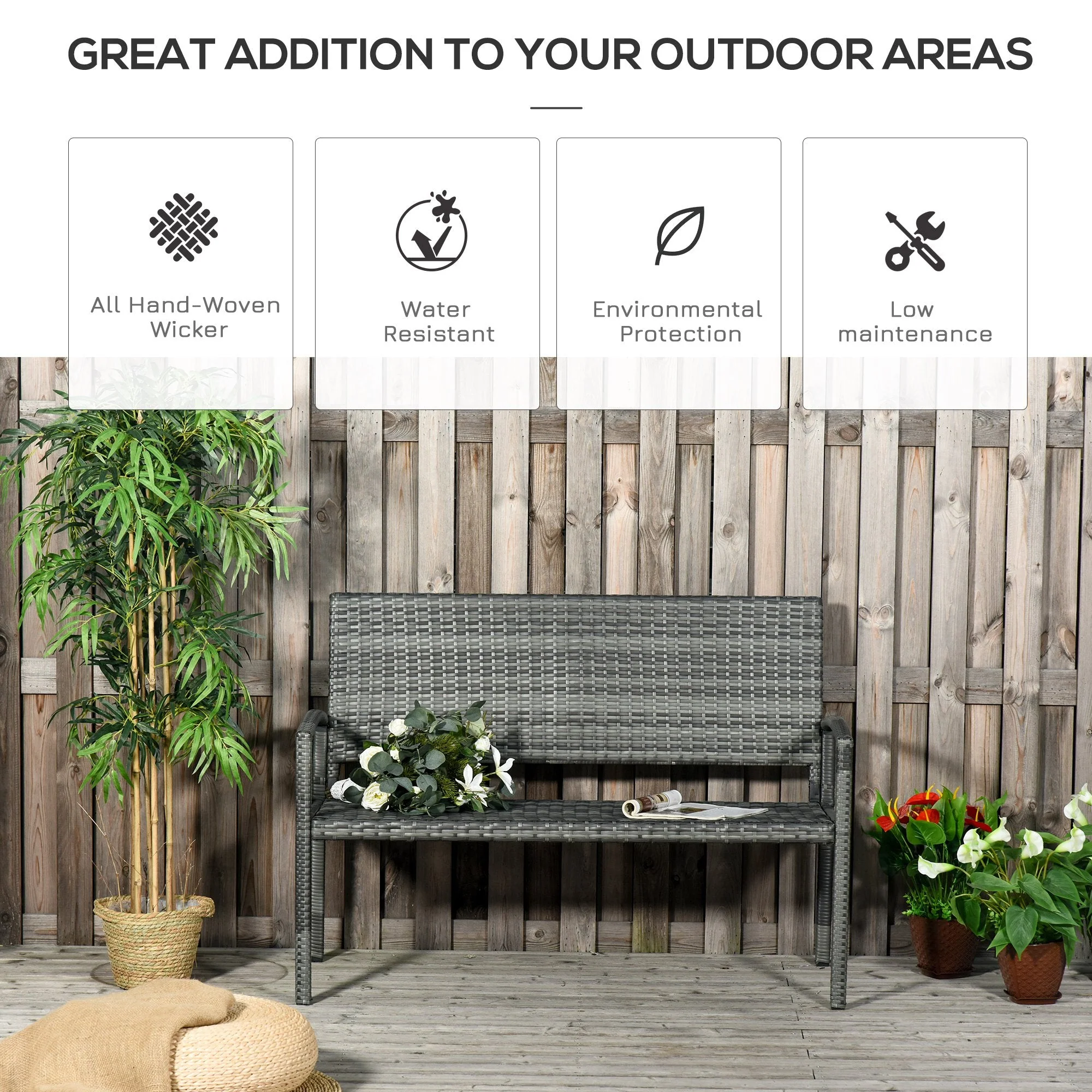 Patio Rattan 2 Seater Garden Bench Wicker Weave Love Seater Armchair Furniture Outdoor Garden Conservatory Chair Grey - Image 3