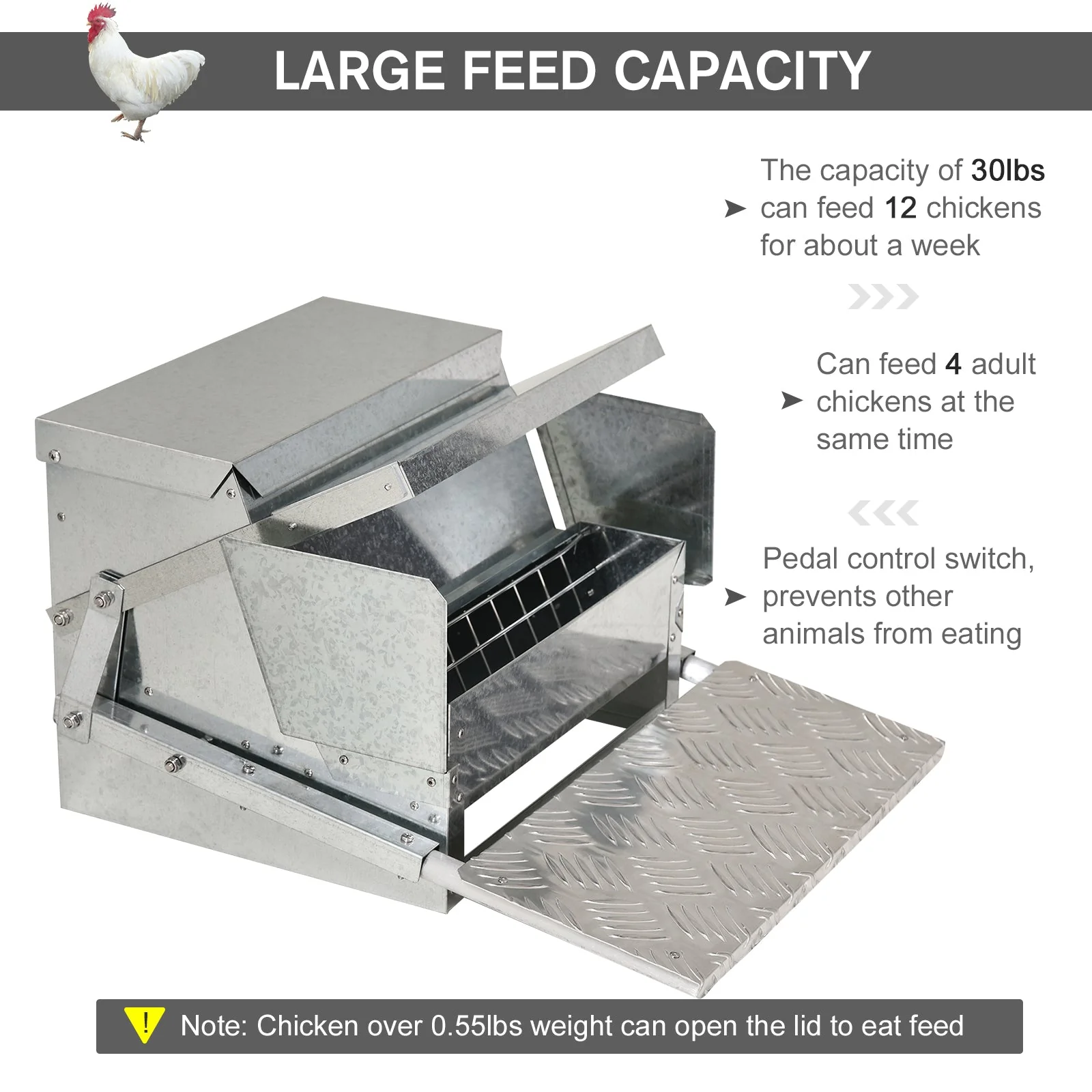 PawHut 11.5KG Automatic Chicken Poultry Feeder Rat Proof Treadle Self Opening with Galvanized Steel and Aluminium - Image 2