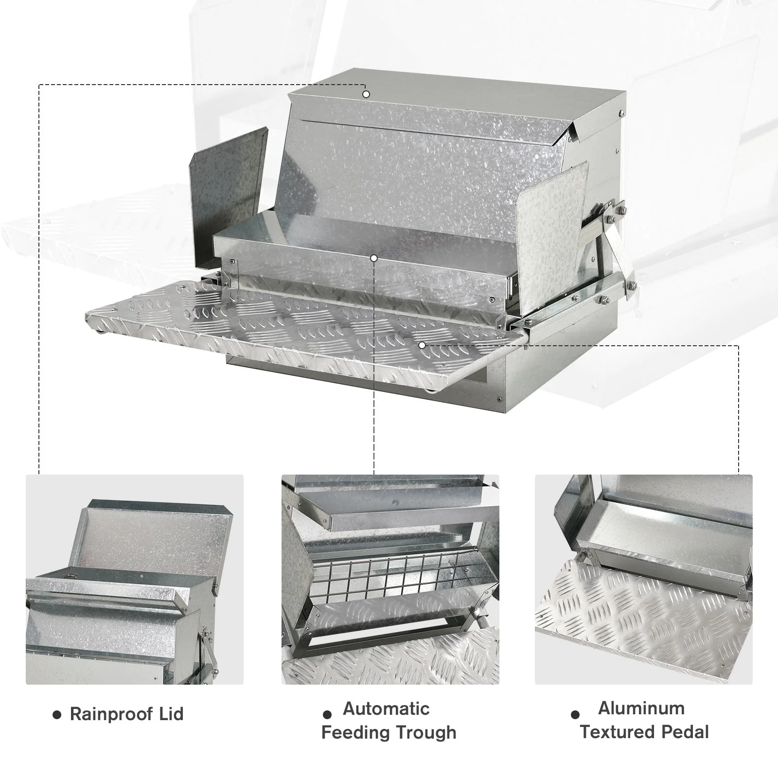 PawHut 11.5KG Automatic Chicken Poultry Feeder Rat Proof Treadle Self Opening with Galvanized Steel and Aluminium - Image 5