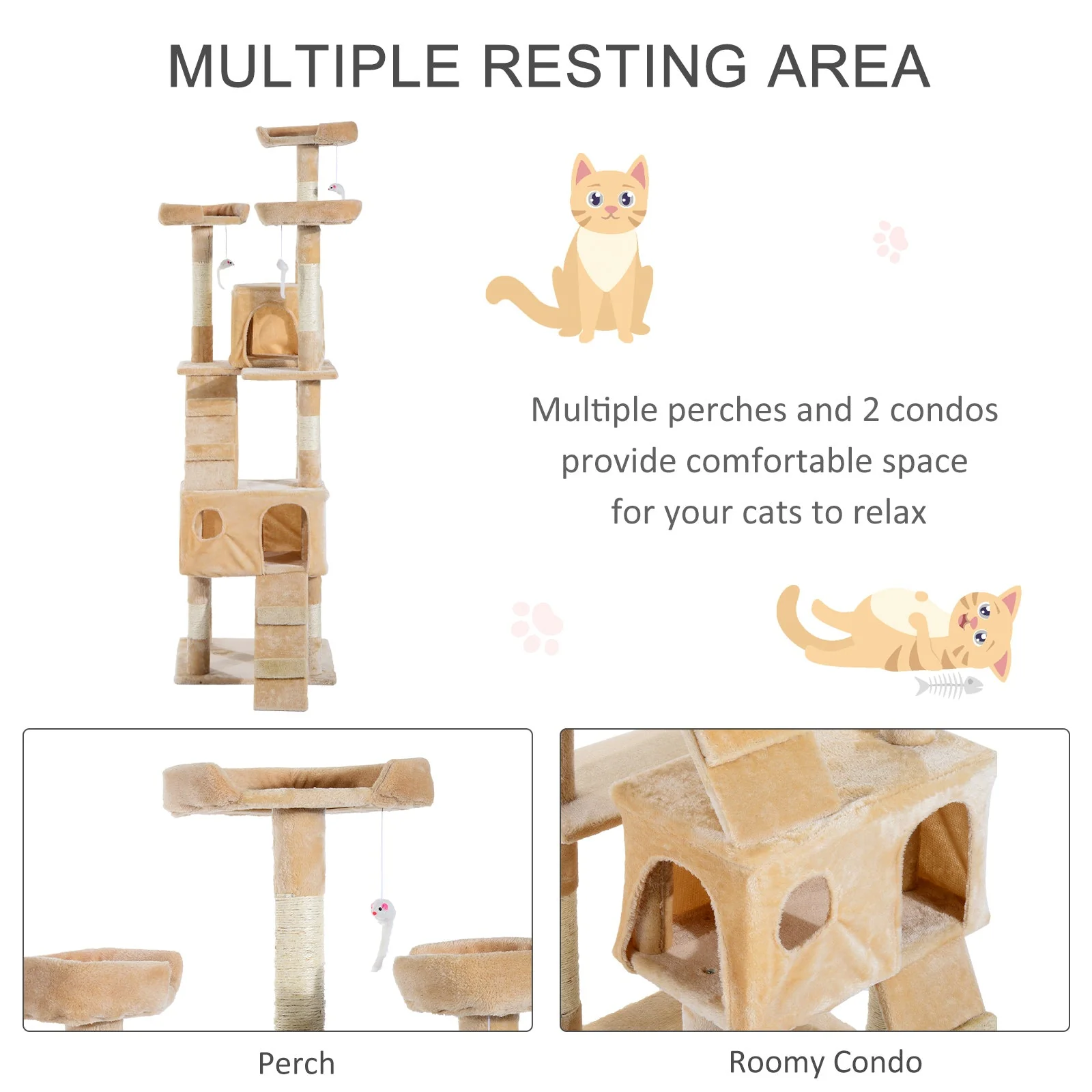 PawHut 170cm Cat Tree Kitten Kitty Scratcher Post Climbing Tower Activity Center House-Cream - Image 2