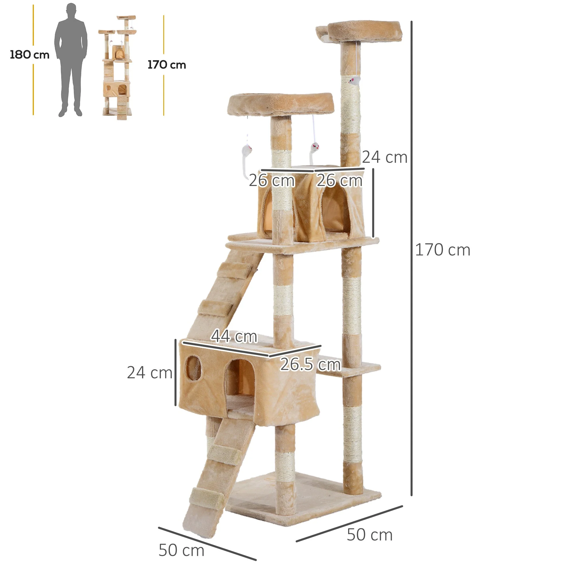 PawHut 170cm Cat Tree Kitten Kitty Scratcher Post Climbing Tower Activity Center House-Cream - Image 5