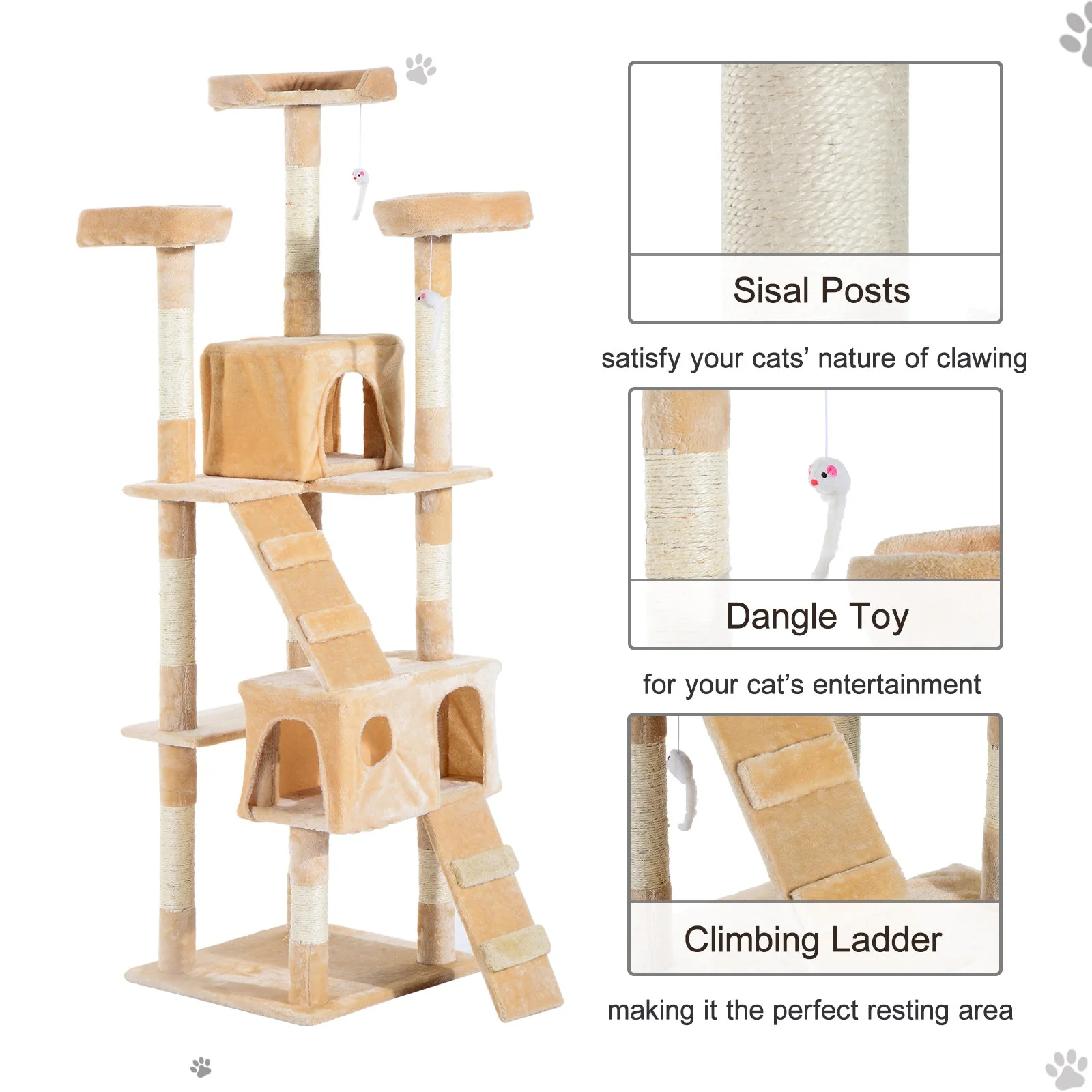 PawHut 170cm Cat Tree Kitten Kitty Scratcher Post Climbing Tower Activity Center House-Cream - Image 7