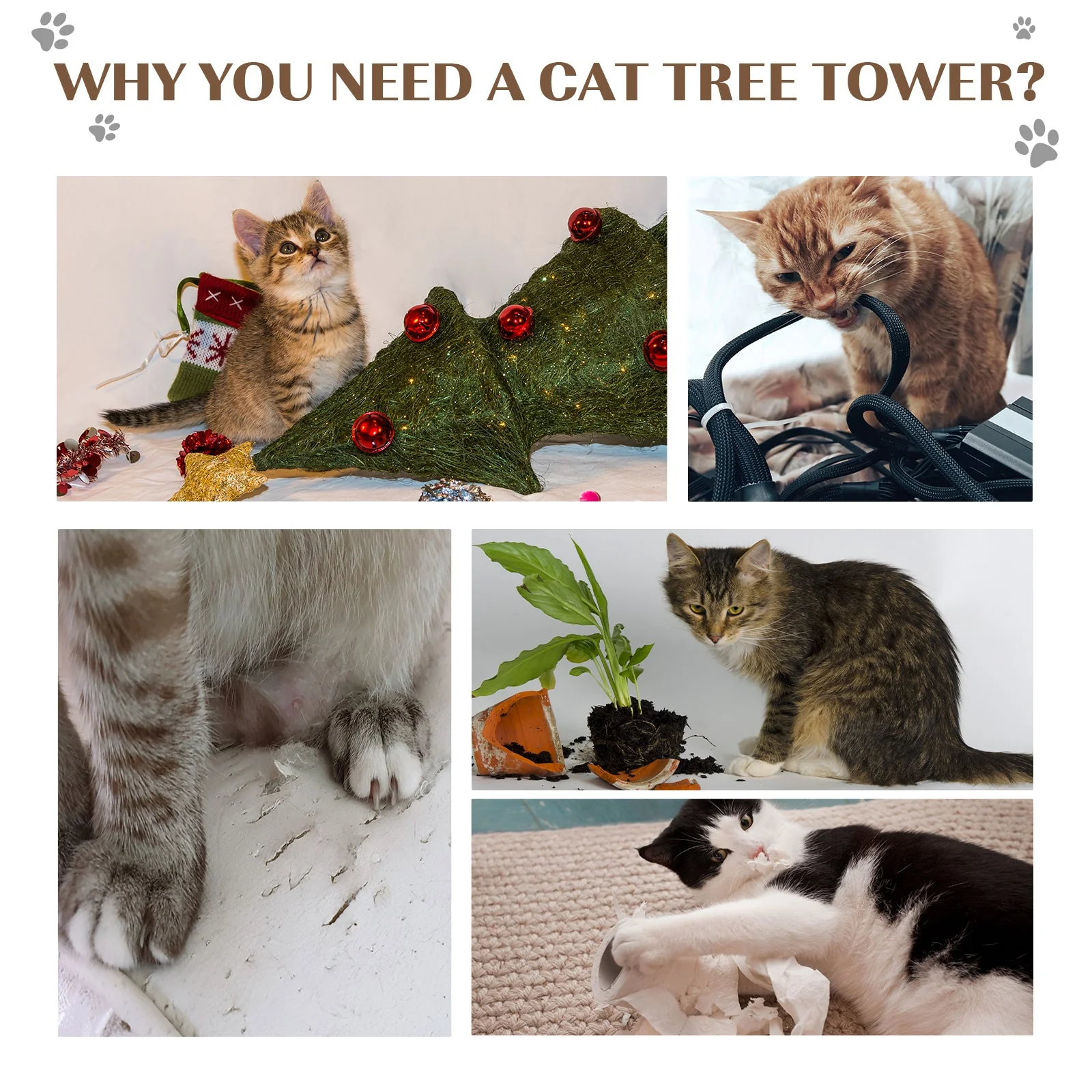 PawHut 2-Tier Cat Tree Scratching Post with Dangle Toy Brown - Image 3