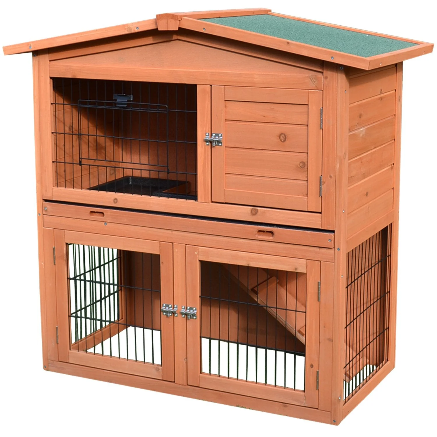 PawHut  2 Tier Outdoor Rabbit Small Animal Enclosure with Ramp Tray to Raised Home & Below Run Area - Image 4