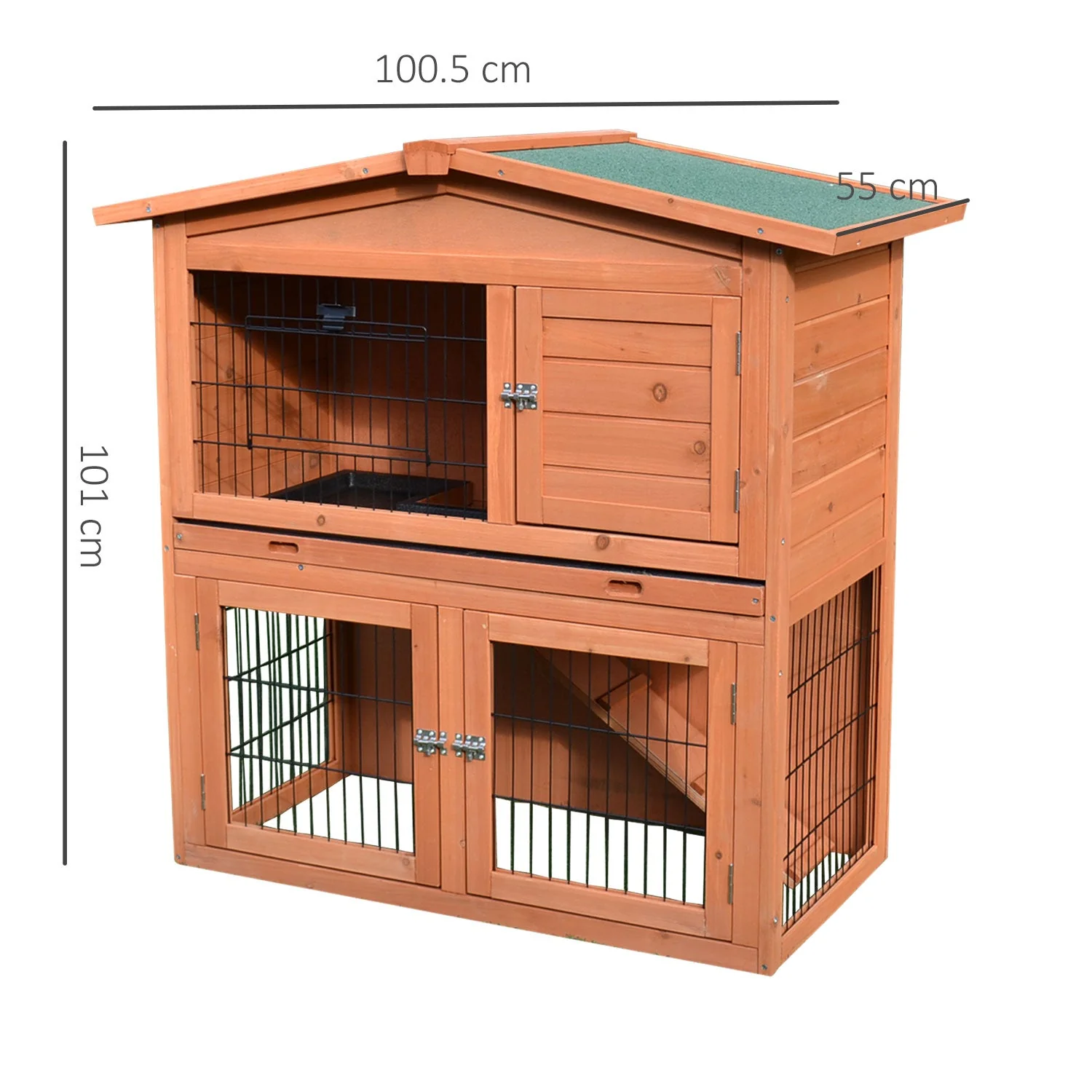 PawHut  2 Tier Outdoor Rabbit Small Animal Enclosure with Ramp Tray to Raised Home & Below Run Area - Image 5