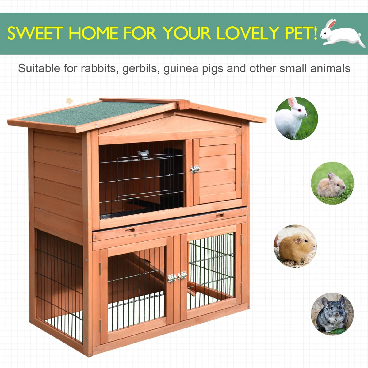 PawHut  2 Tier Outdoor Rabbit Small Animal Enclosure with Ramp Tray to Raised Home & Below Run Area - Image 6