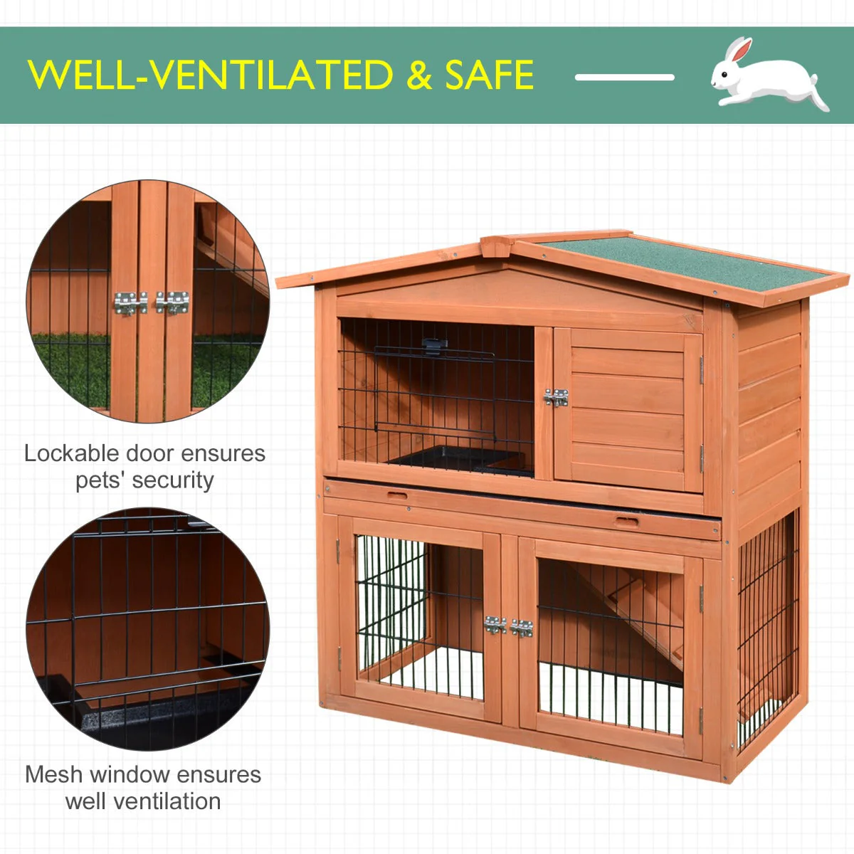PawHut  2 Tier Outdoor Rabbit Small Animal Enclosure with Ramp Tray to Raised Home & Below Run Area - Image 7