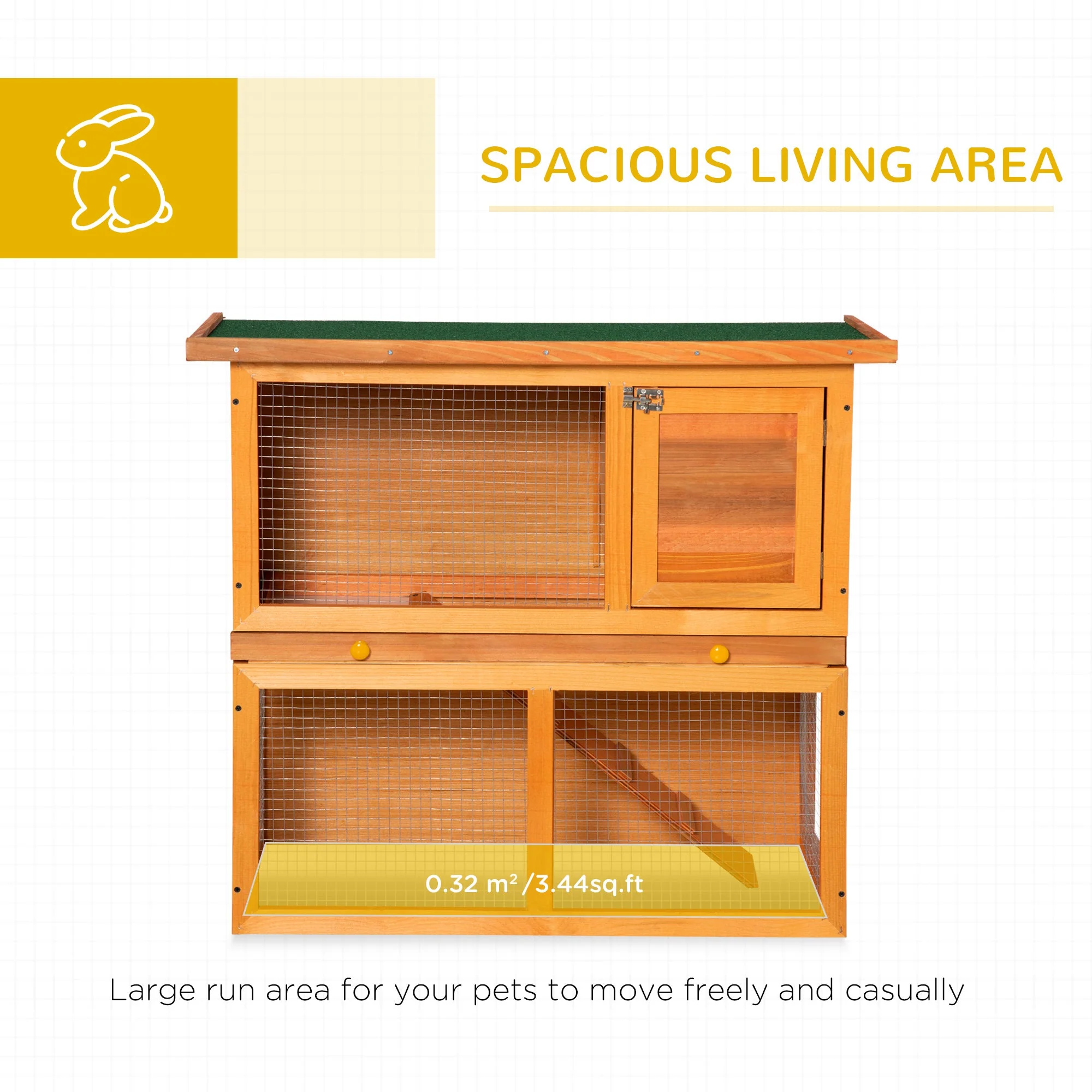 PawHut 2-Tier Rabbit Hutch Wooden Guinea Pig Hutch Double Decker Pet Cage Run with Sliding Tray Opening Top - Image 2
