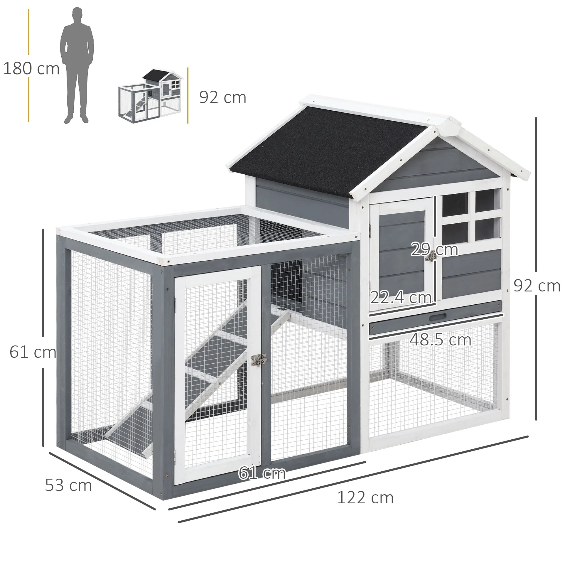 PawHut 2 Tier Wooden Rabbit Hutch Guinea Pig Cage Rabbit Cage Pull Out Tray W/ Ramp 122 x 62.6 x 92 cm - Image 2