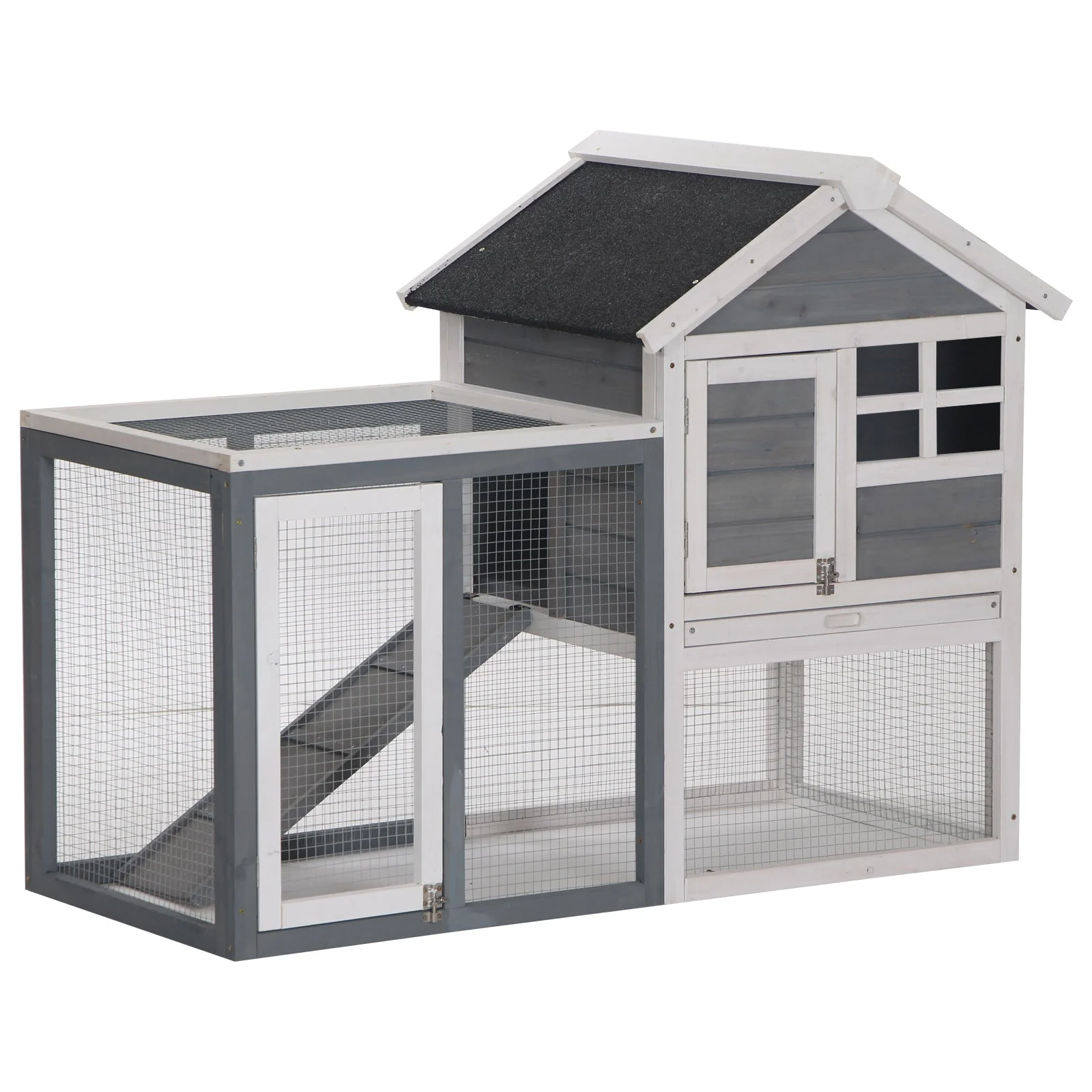PawHut 2 Tier Wooden Rabbit Hutch Guinea Pig Cage Rabbit Cage Pull Out Tray W/ Ramp 122 x 62.6 x 92 cm - Image 6