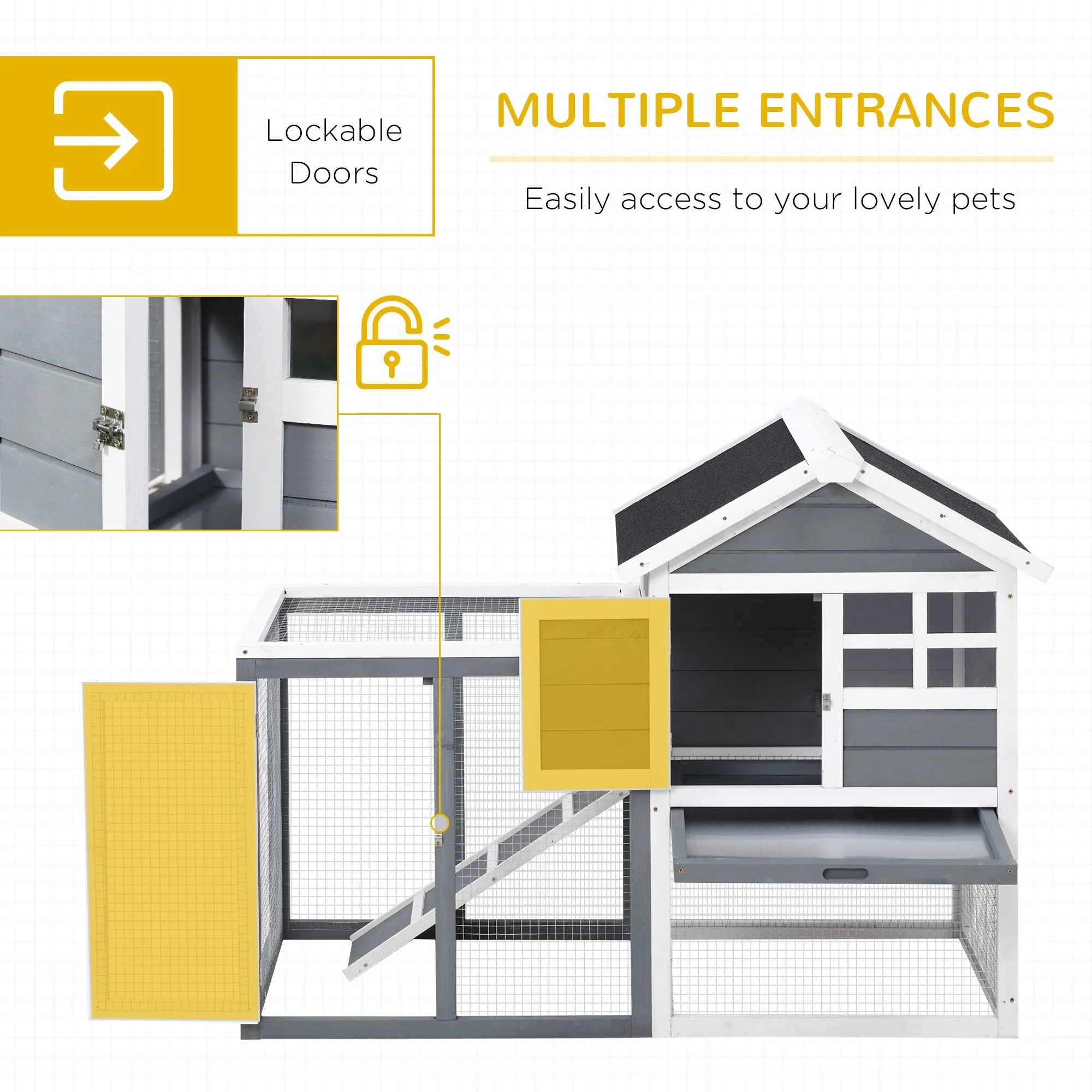 PawHut 2 Tier Wooden Rabbit Hutch Guinea Pig Cage Rabbit Cage Pull Out Tray W/ Ramp 122 x 62.6 x 92 cm - Image 7