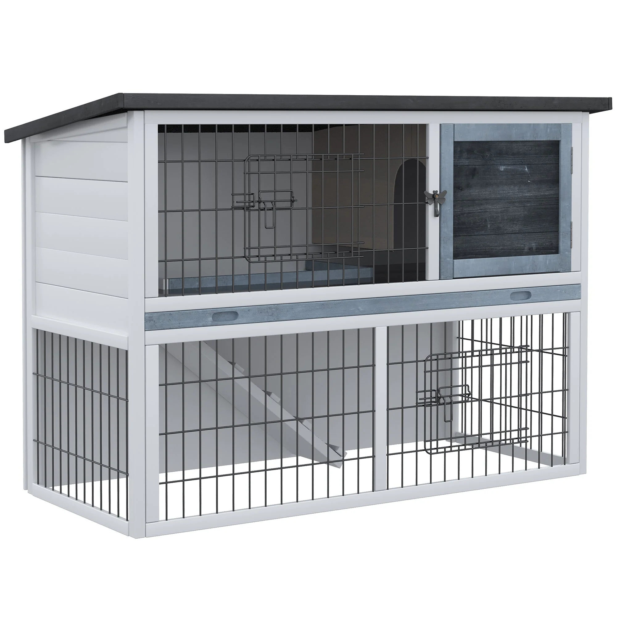 PawHut 2-Tier Wooden Rabbit Hutch Guinea Pig House Bunny Cage Backyard w/ Ramp Outdoor Run Built-in Tray Openable Roof Small Animal House Grey - Image 2