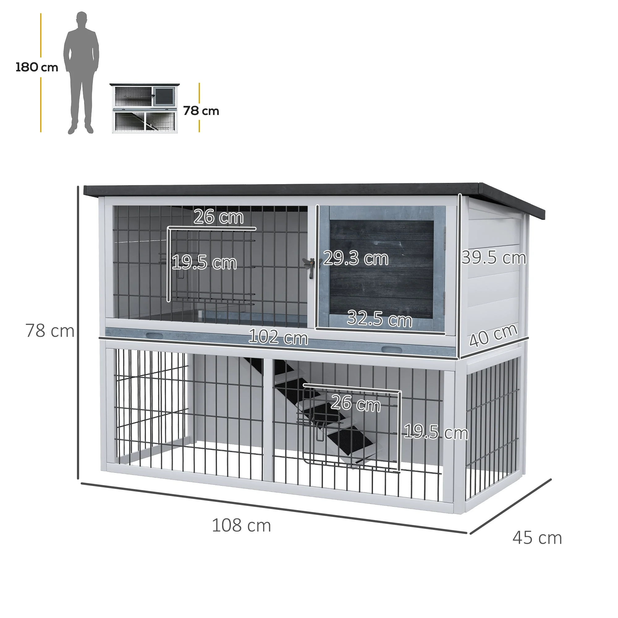 PawHut 2-Tier Wooden Rabbit Hutch Guinea Pig House Bunny Cage Backyard w/ Ramp Outdoor Run Built-in Tray Openable Roof Small Animal House Grey - Image 3