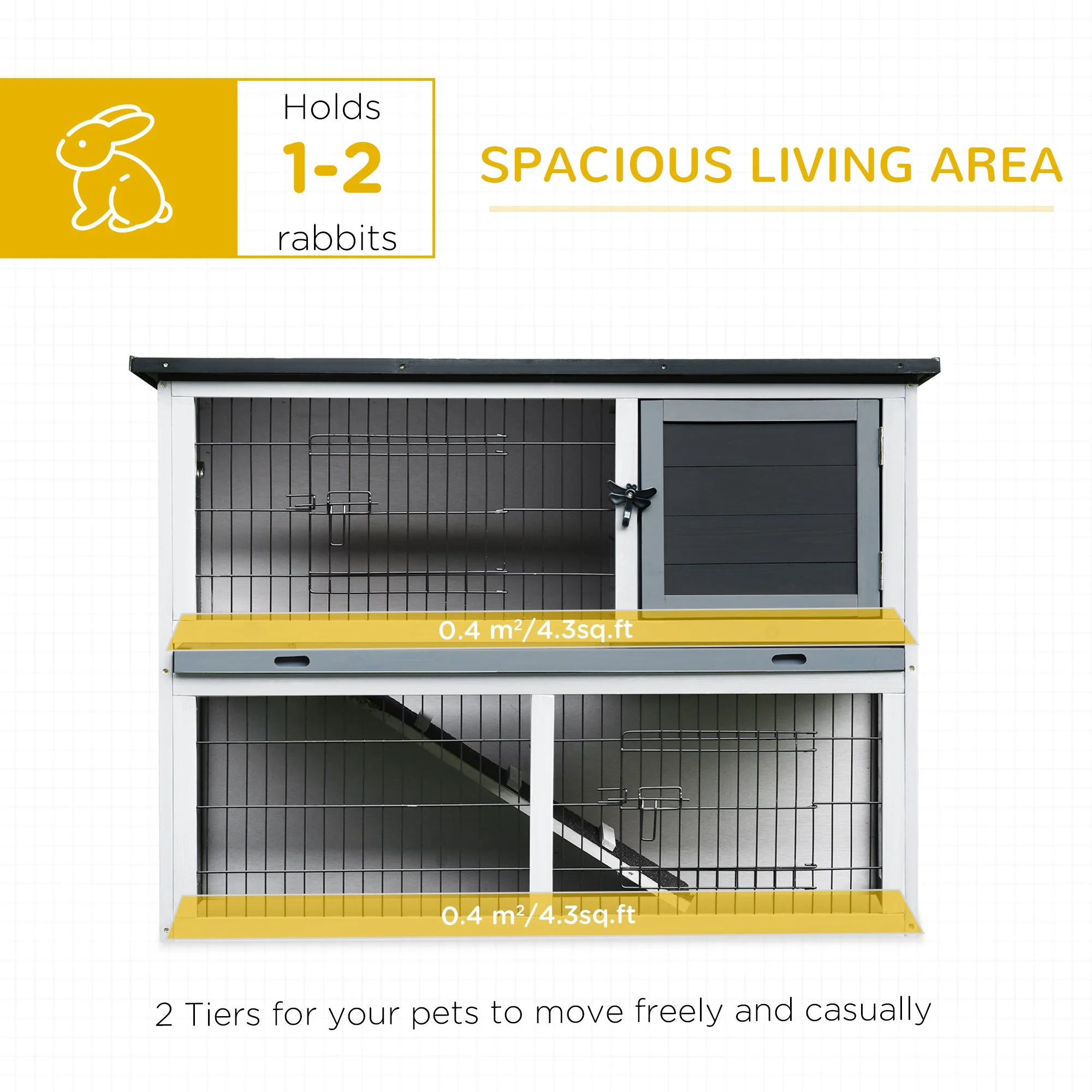 PawHut 2-Tier Wooden Rabbit Hutch Guinea Pig House Bunny Cage Backyard w/ Ramp Outdoor Run Built-in Tray Openable Roof Small Animal House Grey - Image 4