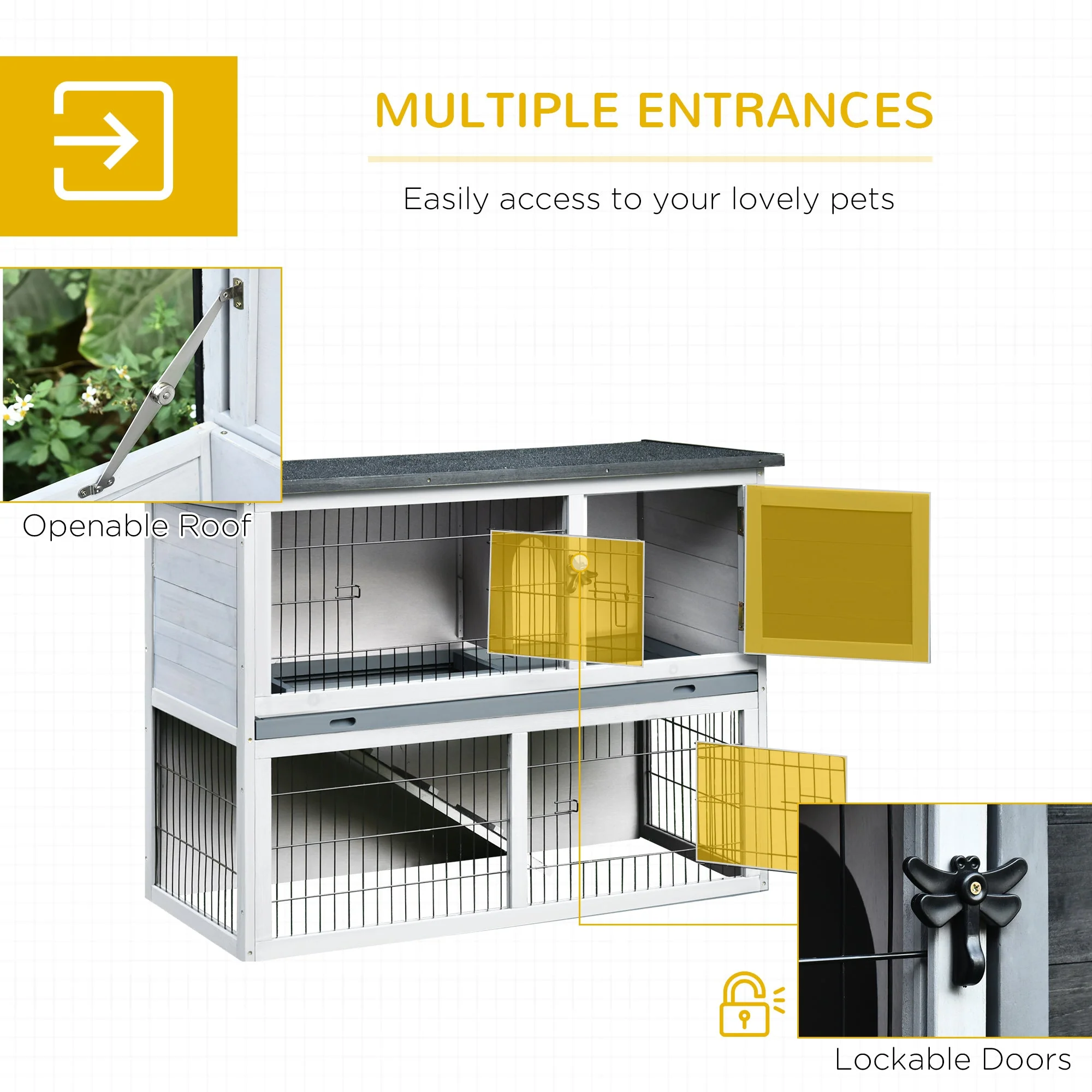 PawHut 2-Tier Wooden Rabbit Hutch Guinea Pig House Bunny Cage Backyard w/ Ramp Outdoor Run Built-in Tray Openable Roof Small Animal House Grey - Image 5
