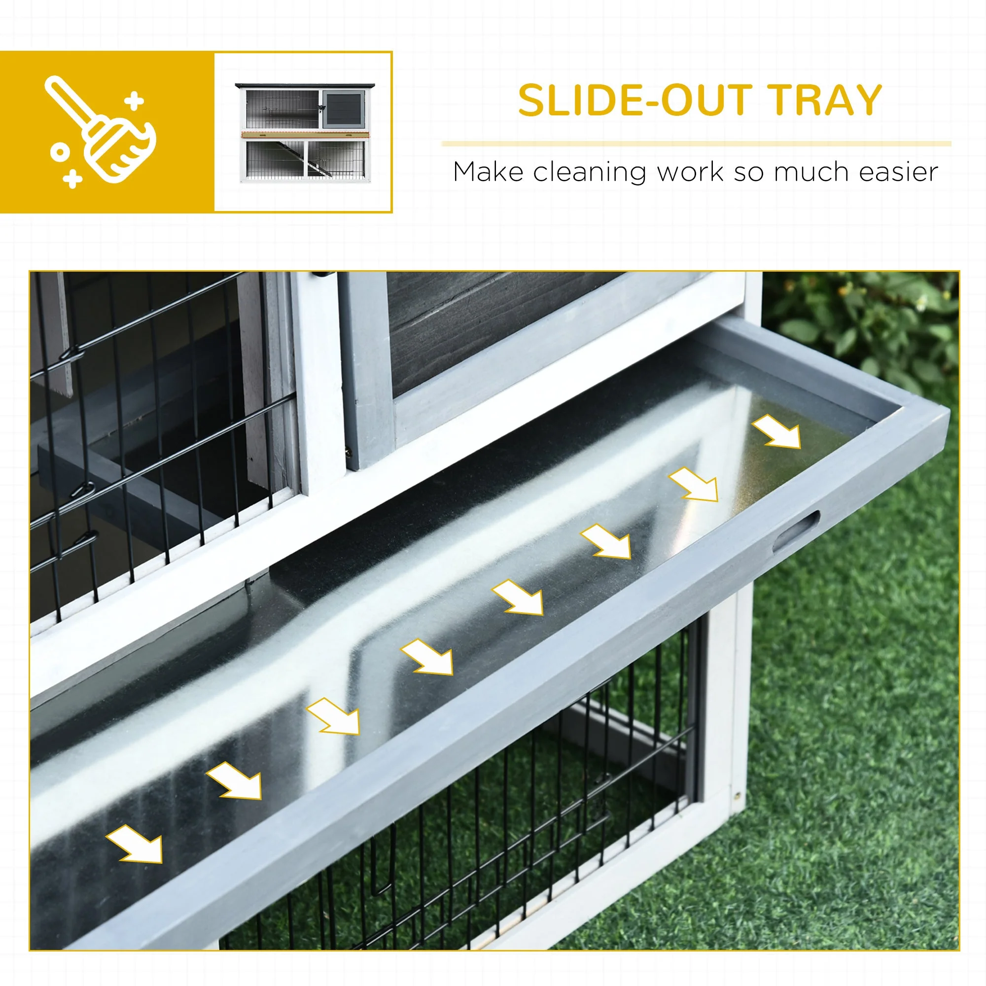 PawHut 2-Tier Wooden Rabbit Hutch Guinea Pig House Bunny Cage Backyard w/ Ramp Outdoor Run Built-in Tray Openable Roof Small Animal House Grey - Image 6