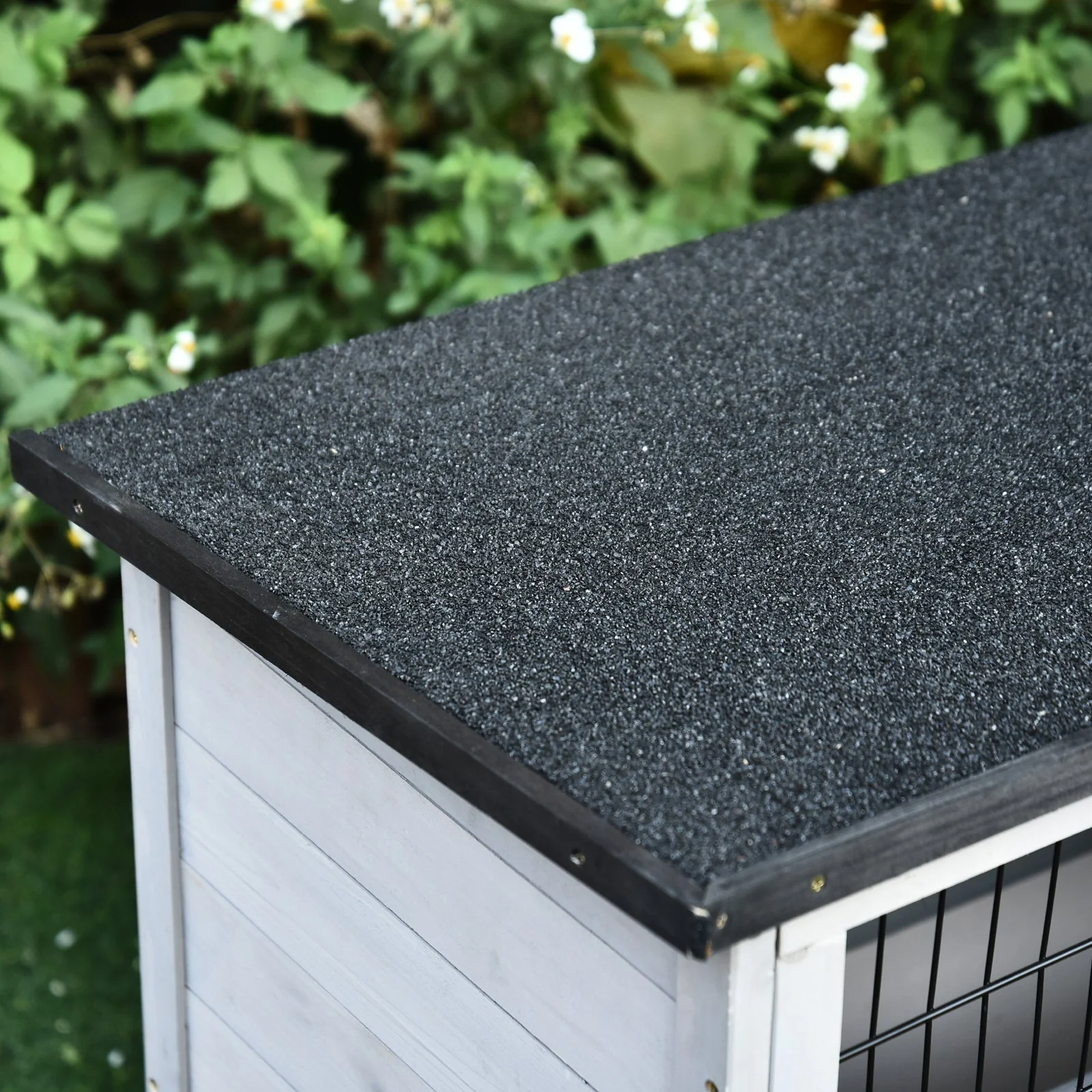 PawHut 2-Tier Wooden Rabbit Hutch Guinea Pig House Bunny Cage Backyard w/ Ramp Outdoor Run Built-in Tray Openable Roof Small Animal House Grey - Image 9