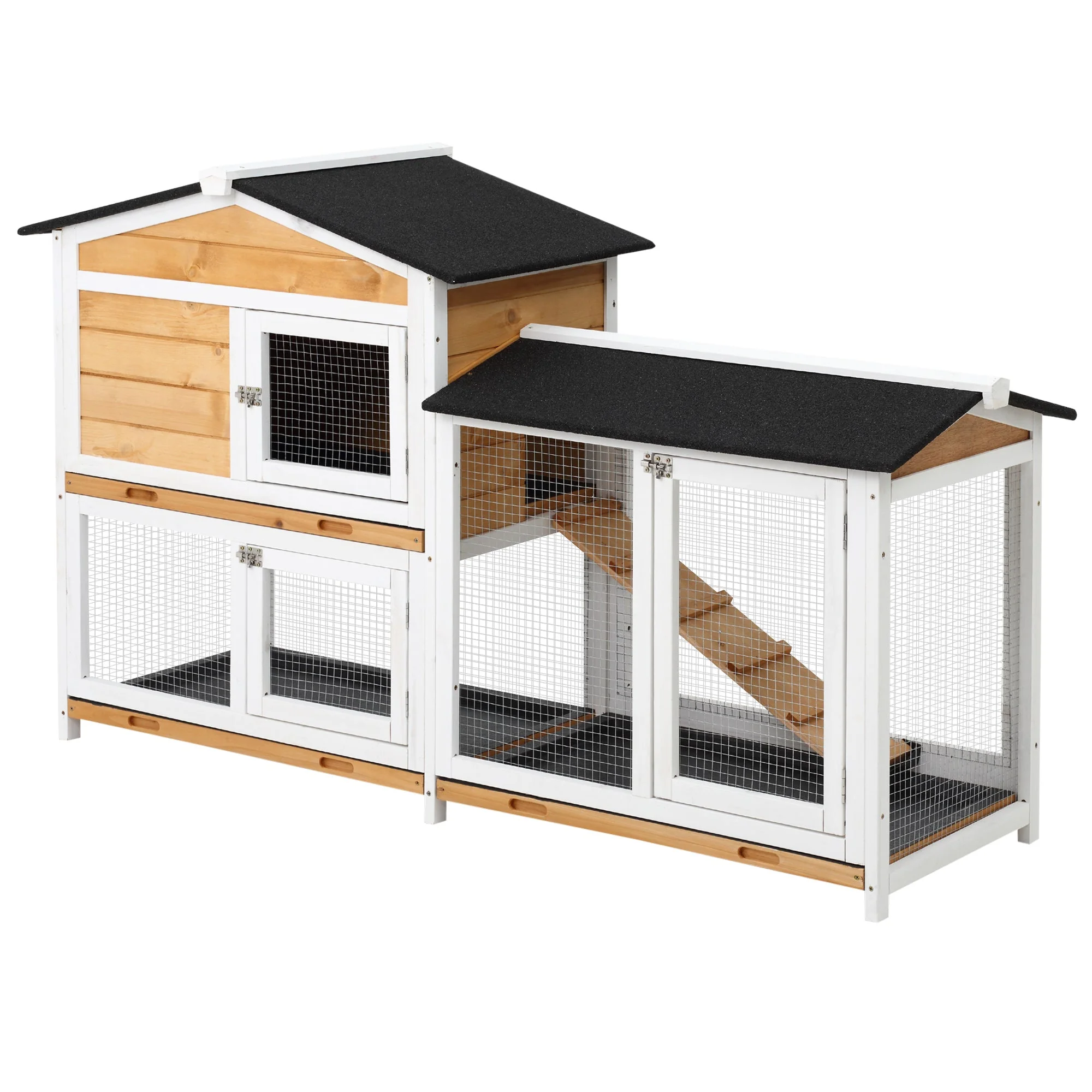 PawHut 2-Tier Wooden Rabbit Hutch Guinea Pig House Pet Cage Outdoor w/ Tray Ramp Yellow - Image 3