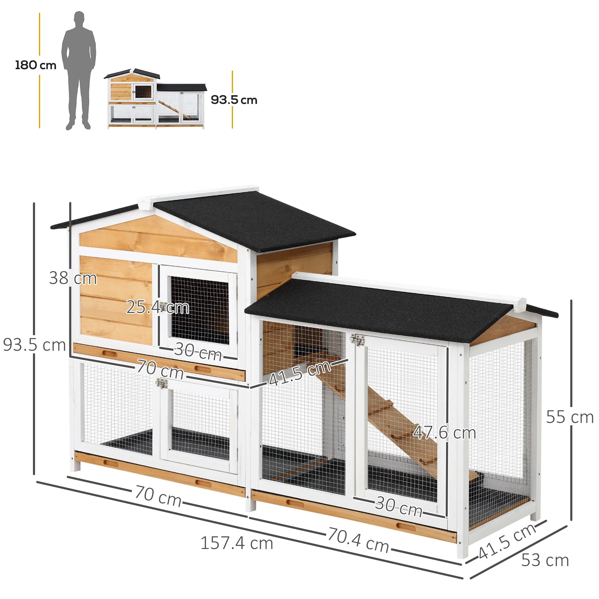 PawHut 2-Tier Wooden Rabbit Hutch Guinea Pig House Pet Cage Outdoor w/ Tray Ramp Yellow - Image 4
