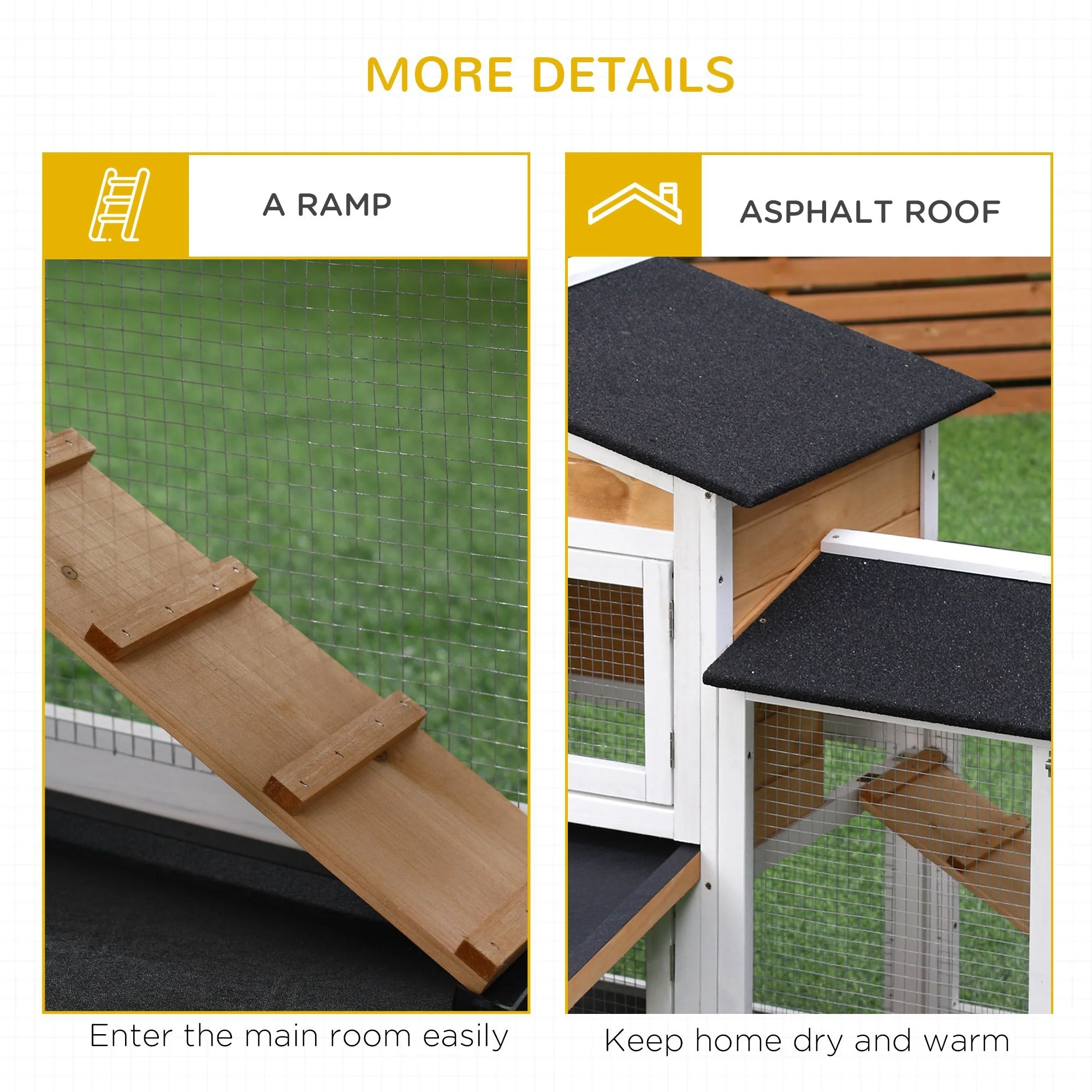 PawHut 2-Tier Wooden Rabbit Hutch Guinea Pig House Pet Cage Outdoor w/ Tray Ramp Yellow - Image 8