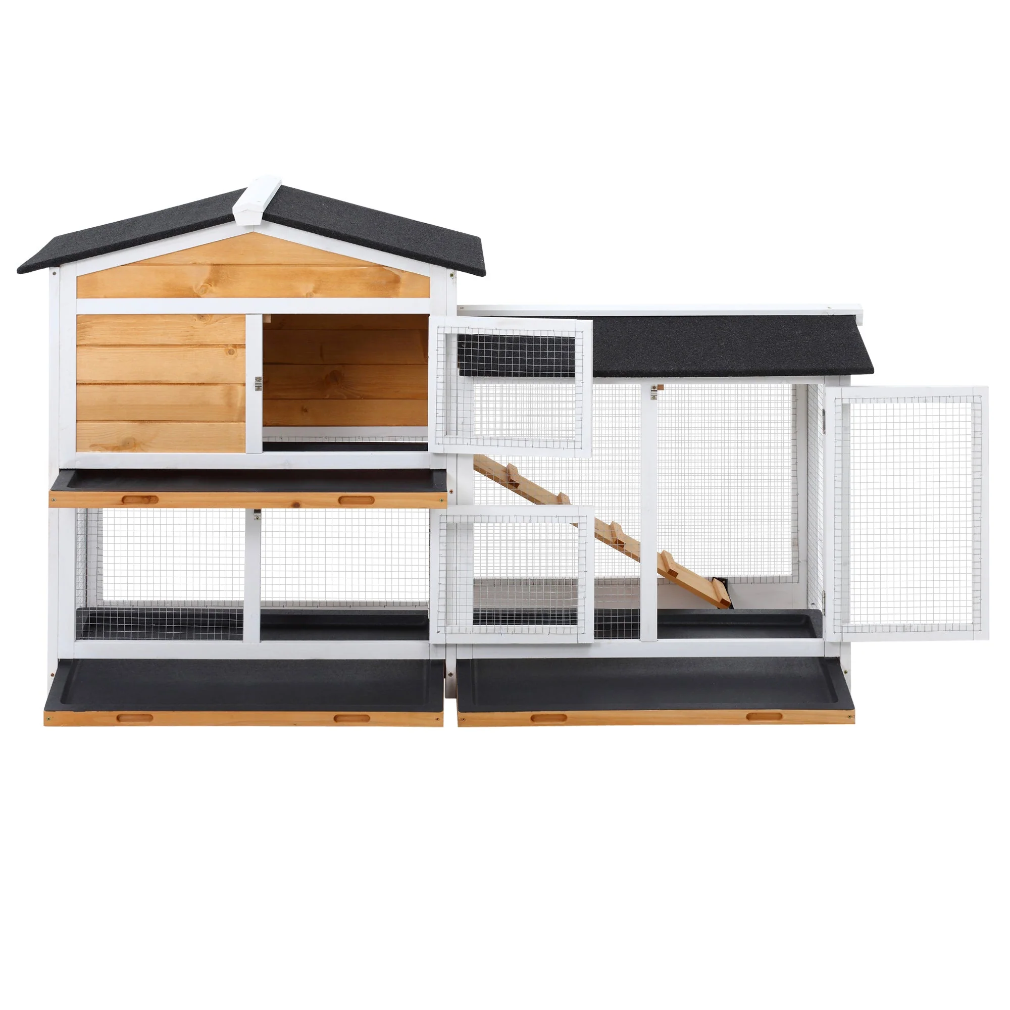 PawHut 2-Tier Wooden Rabbit Hutch Guinea Pig House Pet Cage Outdoor w/ Tray Ramp Yellow - Image 9