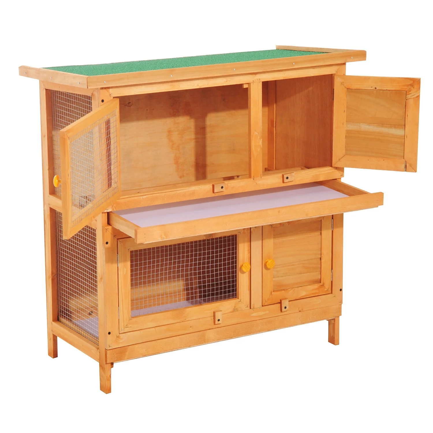 PawHut 2-Tier Wooden Rabbit Hutch Guinea Pig Hutch Duck House Double Decker Pet Cage with Sliding Tray Opening Top - Image 3