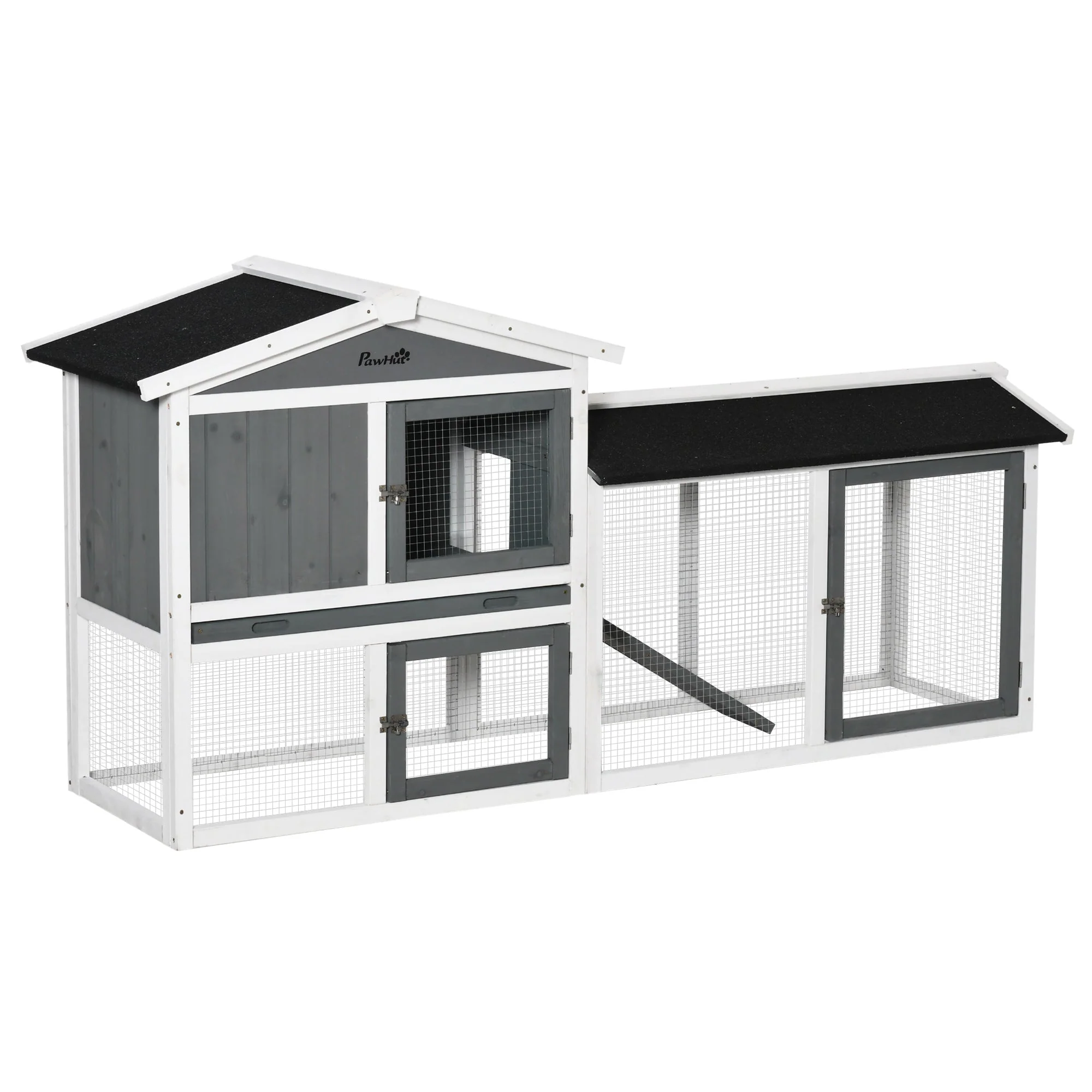 PawHut 2 Tier Wooden Rabbit Hutch Small Animal House with Run Box Slide-out Tray Ramp - Image 3