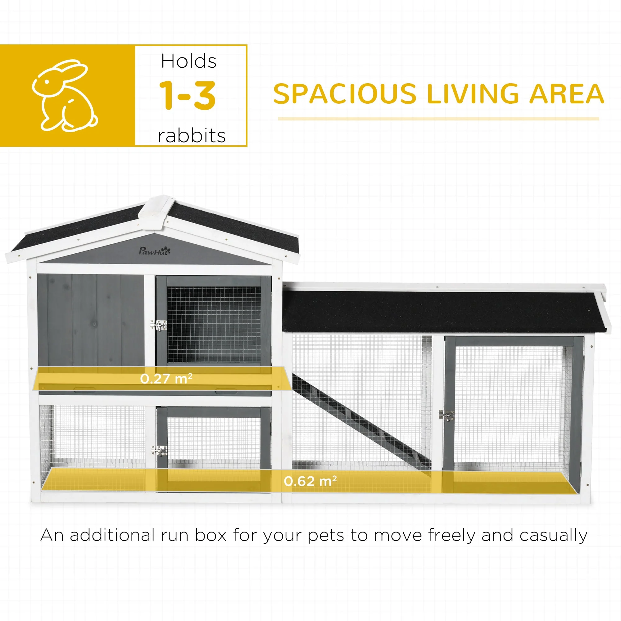 PawHut 2 Tier Wooden Rabbit Hutch Small Animal House with Run Box Slide-out Tray Ramp - Image 5