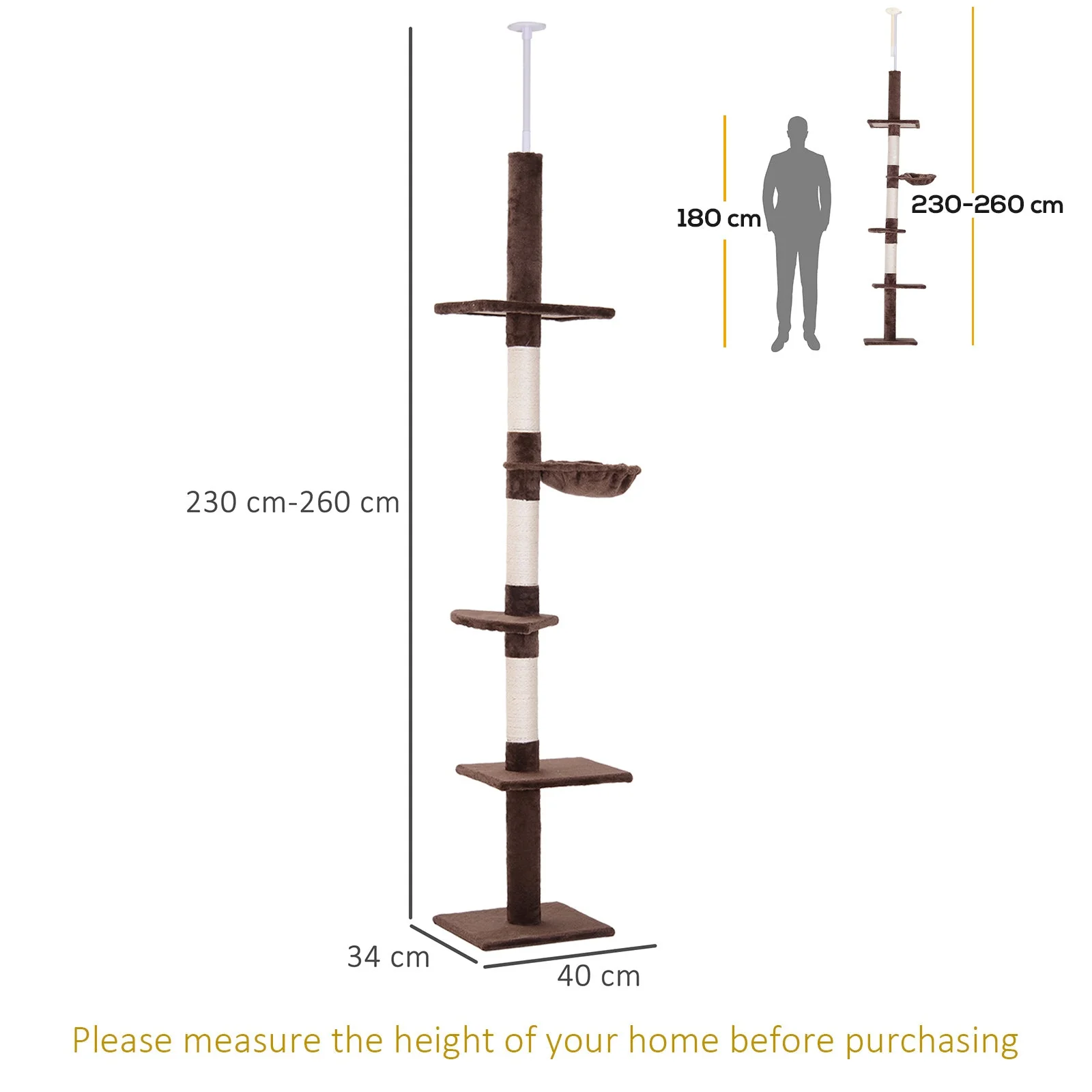 PawHut 230-260cm Floor-to-Ceiling Cat Tree - Image 2
