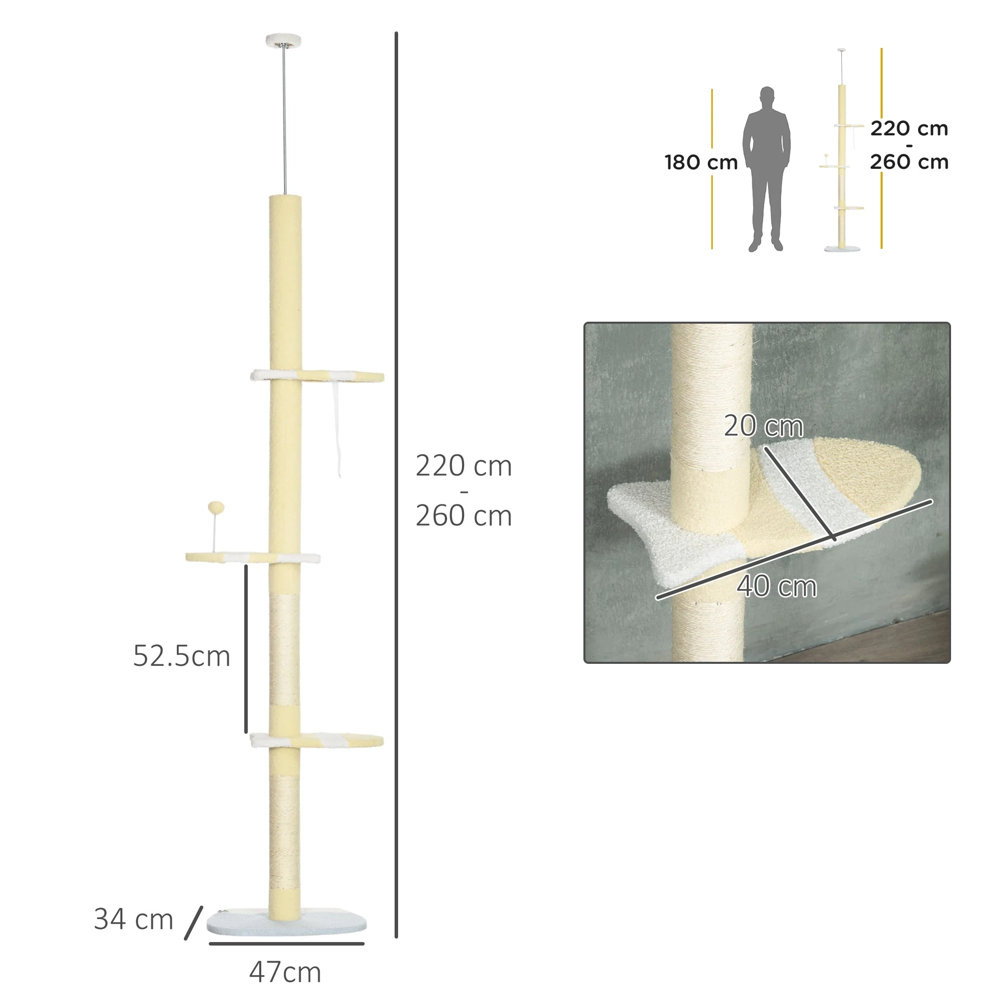 PawHut 260cm Floor to Ceiling Cat Tree - Image 3
