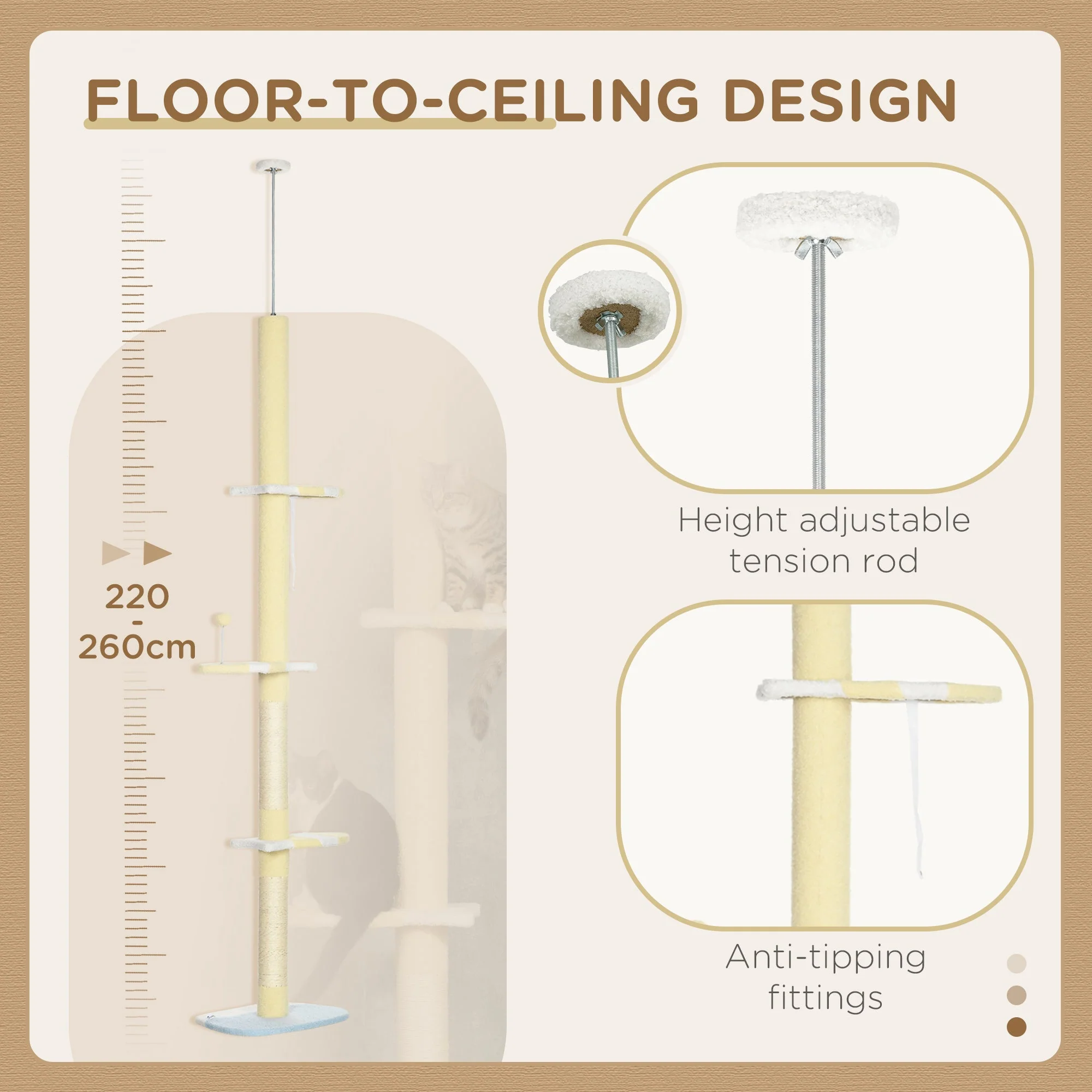 PawHut 260cm Floor to Ceiling Cat Tree - Image 5