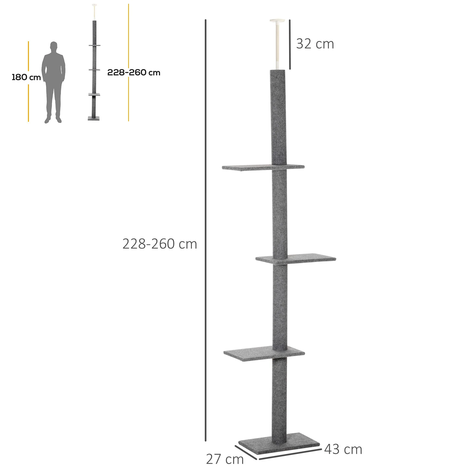 PawHut 260cm Floor To Ceiling Cat Tree Activity Center w/3 Perches Kitten Grey - Image 3
