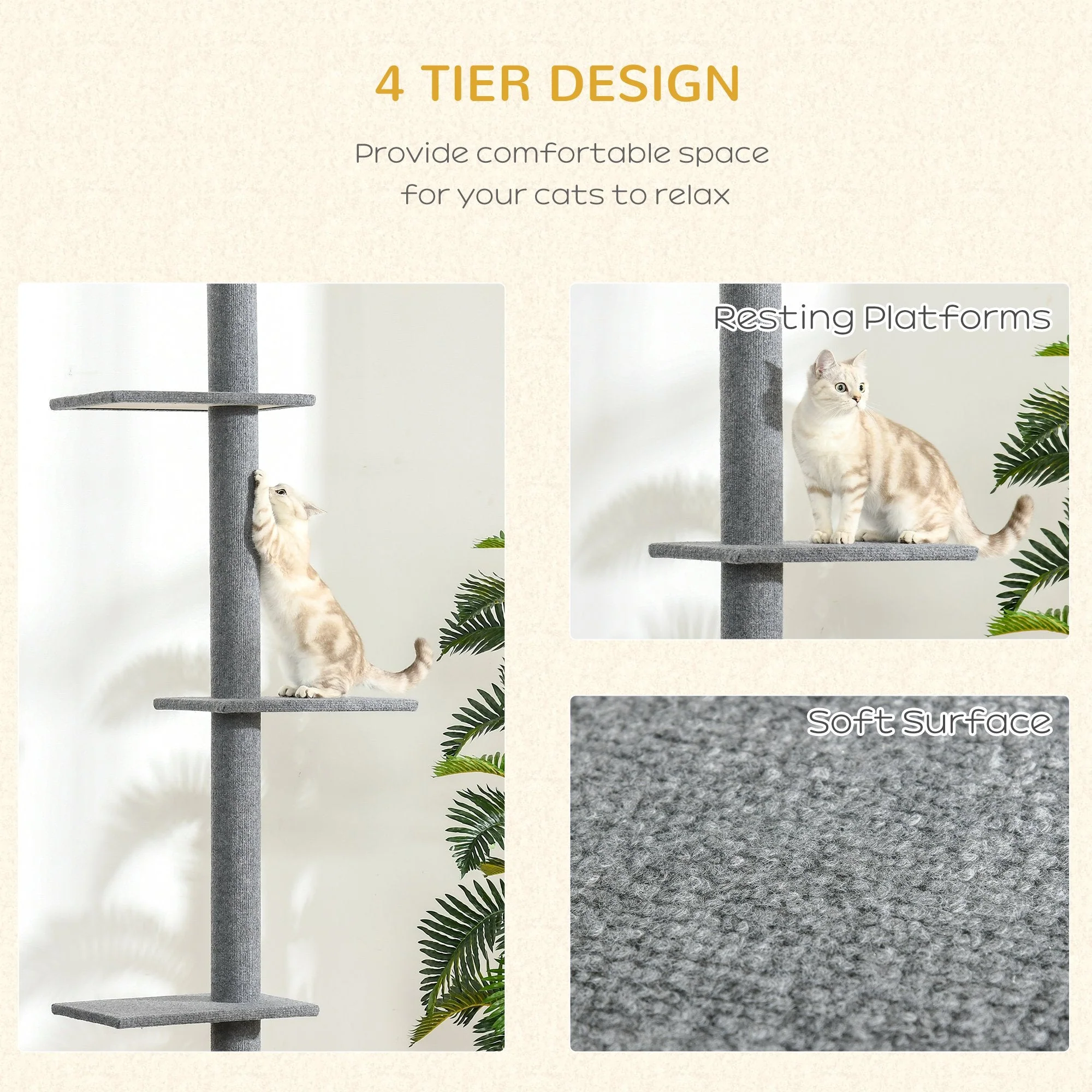 PawHut 260cm Floor To Ceiling Cat Tree Activity Center w/3 Perches Kitten Grey - Image 6