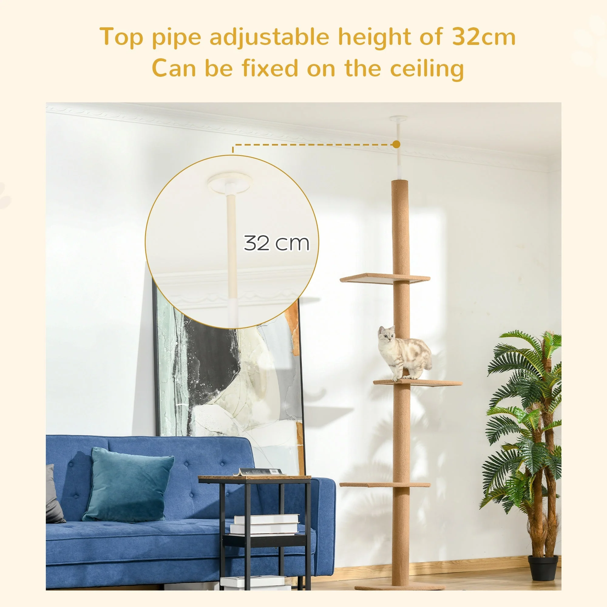 PawHut 260cm Floor To Ceiling Cat Tree w/ 3 Perches Flannel Upholstery Kitten Brown - Image 2