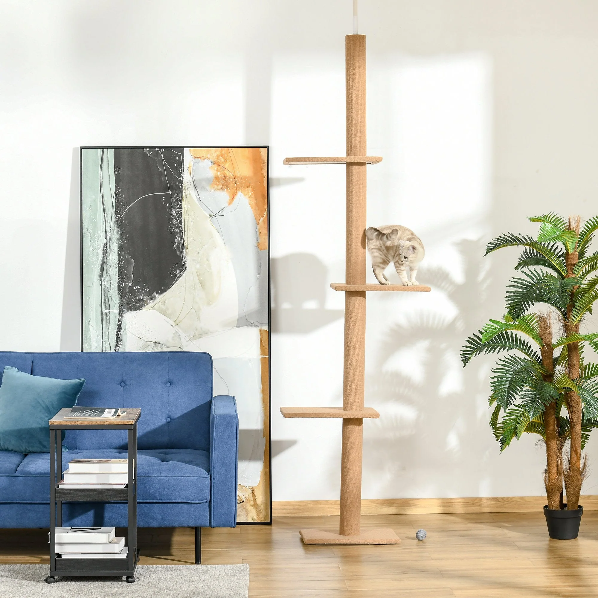 PawHut 260cm Floor To Ceiling Cat Tree w/ 3 Perches Flannel Upholstery Kitten Brown - Image 3