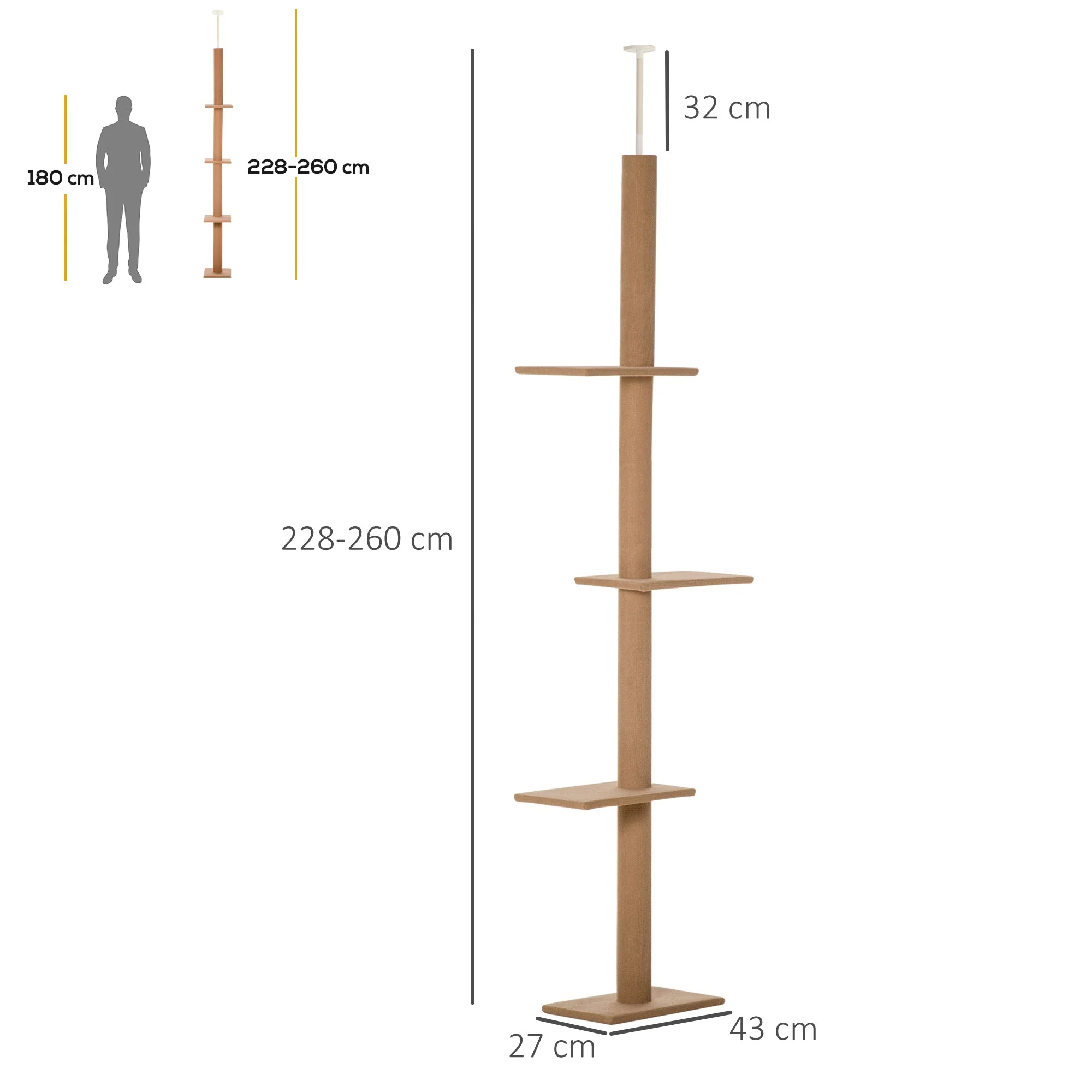 PawHut 260cm Floor To Ceiling Cat Tree w/ 3 Perches Flannel Upholstery Kitten Brown - Image 6