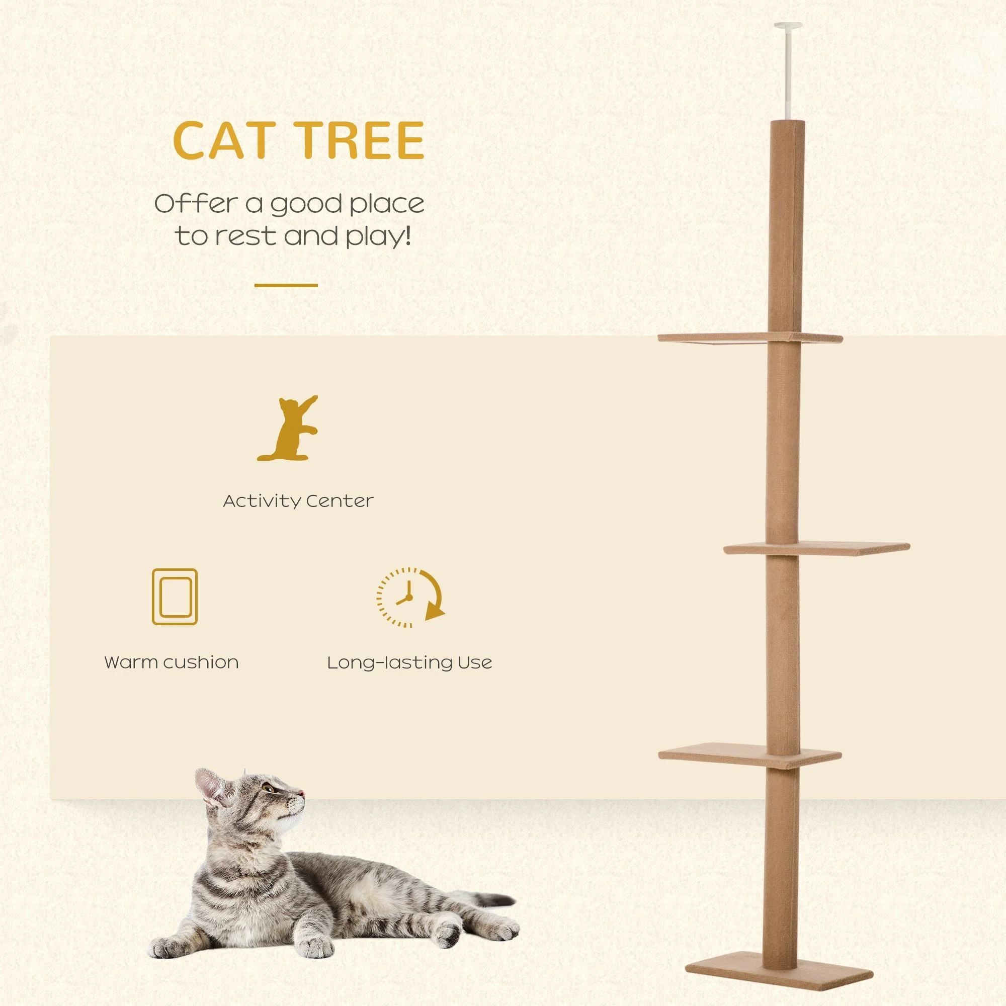 PawHut 260cm Floor To Ceiling Cat Tree w/ 3 Perches Flannel Upholstery Kitten Brown - Image 7