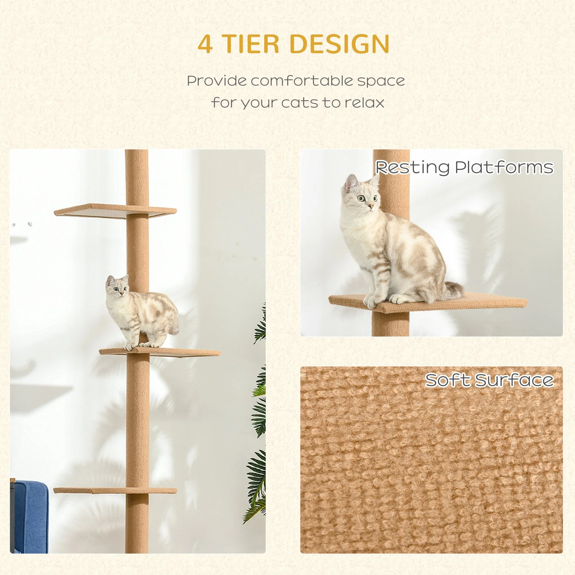 PawHut 260cm Floor To Ceiling Cat Tree w/ 3 Perches Flannel Upholstery Kitten Brown - Image 8