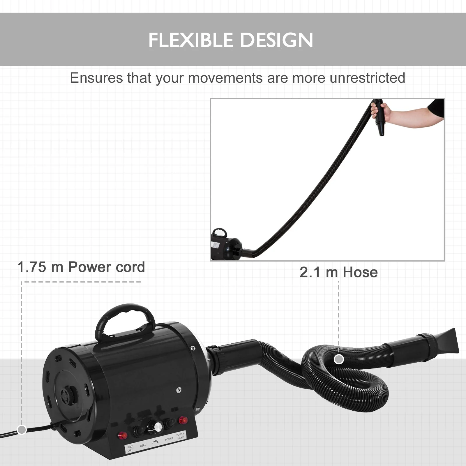 PawHut 2800W Dog Pet Grooming Hairdryer Heater w/ Three Nozzles - Black - Image 7