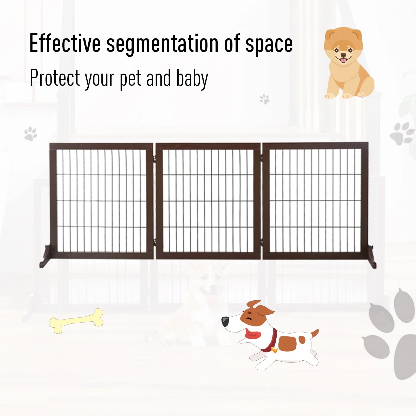 PawHut 3 Panel Pet Gate Pine Frame Indoor Foldable Dog Barrier w/Supporting Foot - Image 6