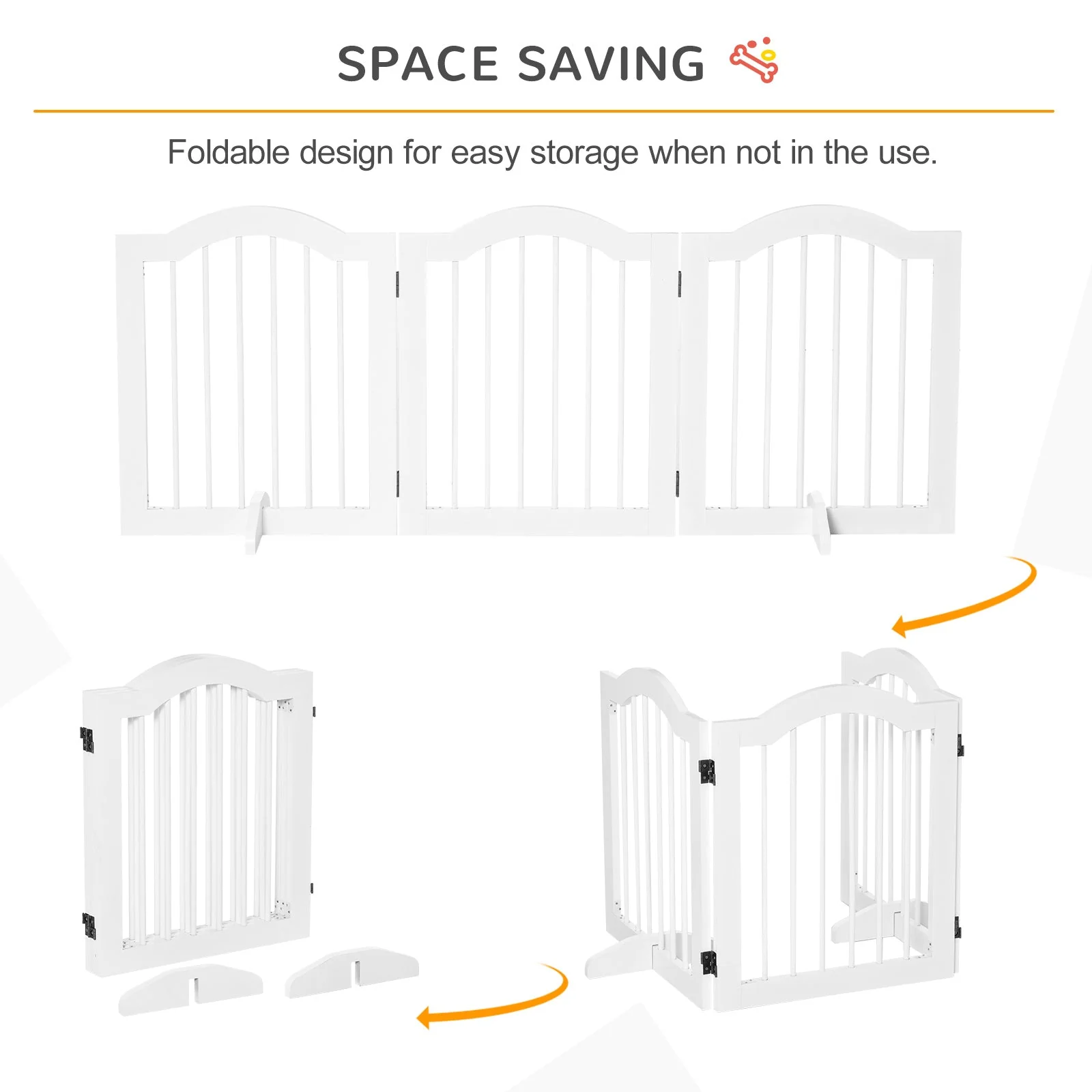 PawHut 3 Panels Dog Gate w/ Support Feet Fence Safety Barrier Freestanding Wood White - Image 2