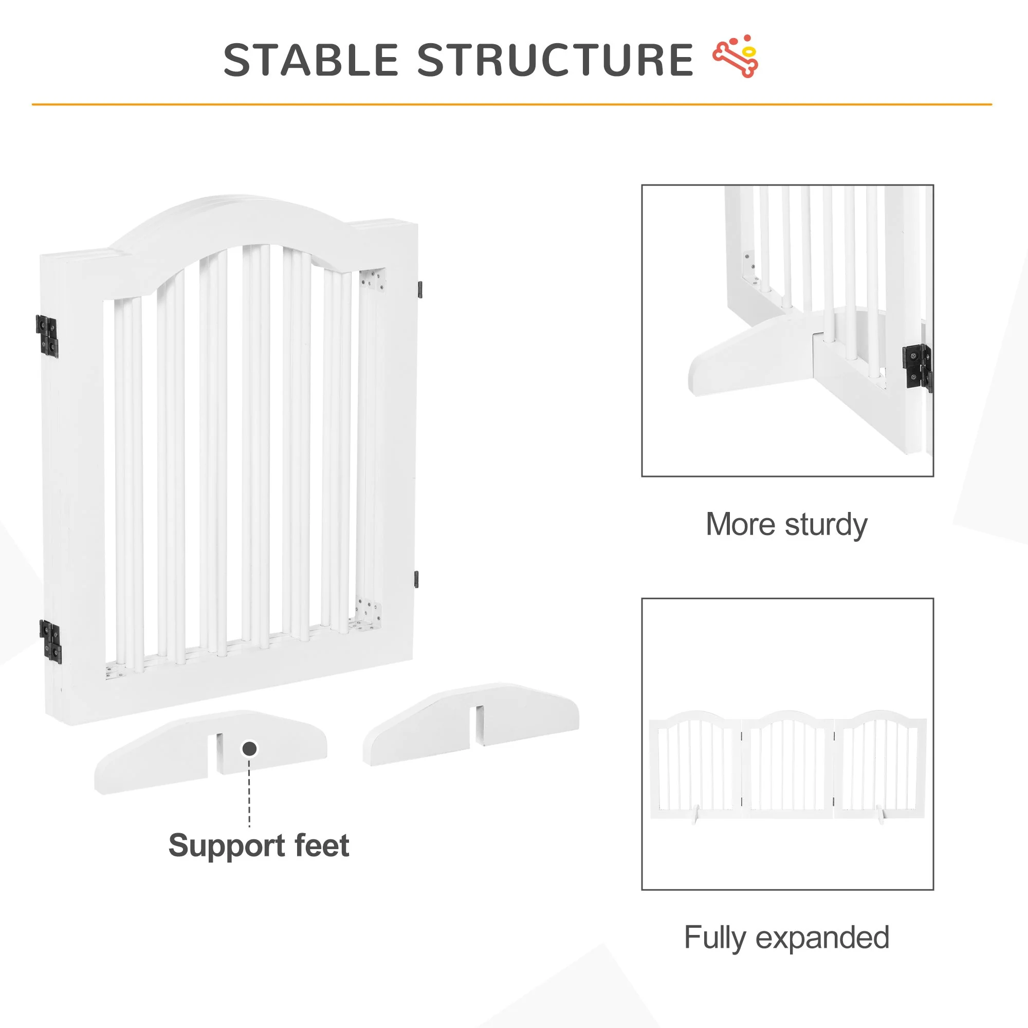 PawHut 3 Panels Dog Gate w/ Support Feet Fence Safety Barrier Freestanding Wood White - Image 3