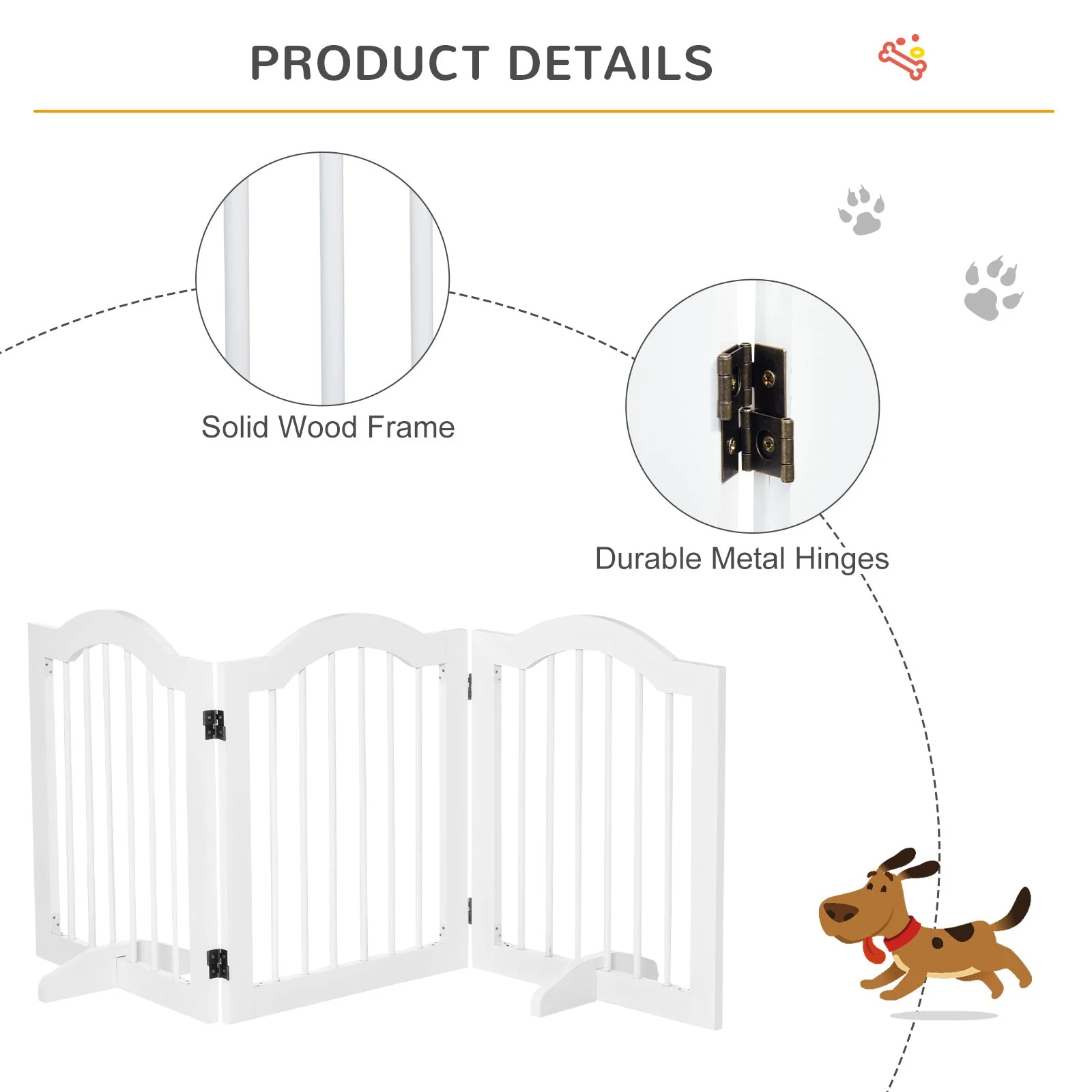 PawHut 3 Panels Dog Gate w/ Support Feet Fence Safety Barrier Freestanding Wood White - Image 7